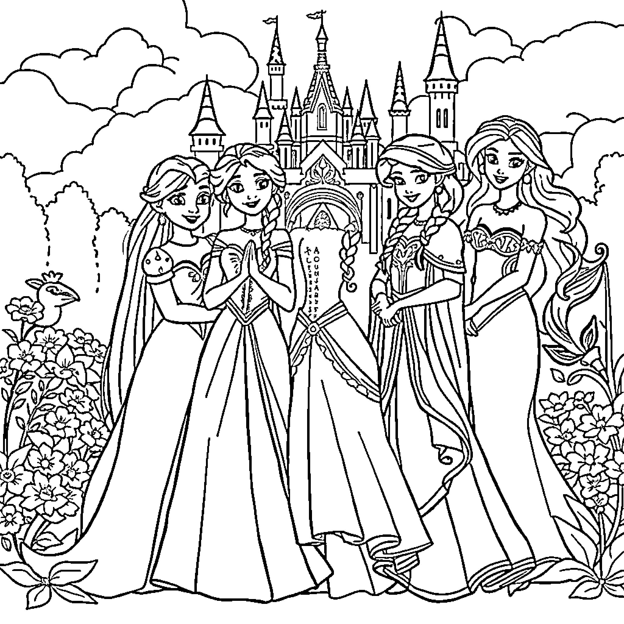 Princess and her friends in a magical castle scene Coloring Page (free black-and-white line drawing printable PDF for all, from beginners to advanced learners, including children, teens, adults, and seniors)