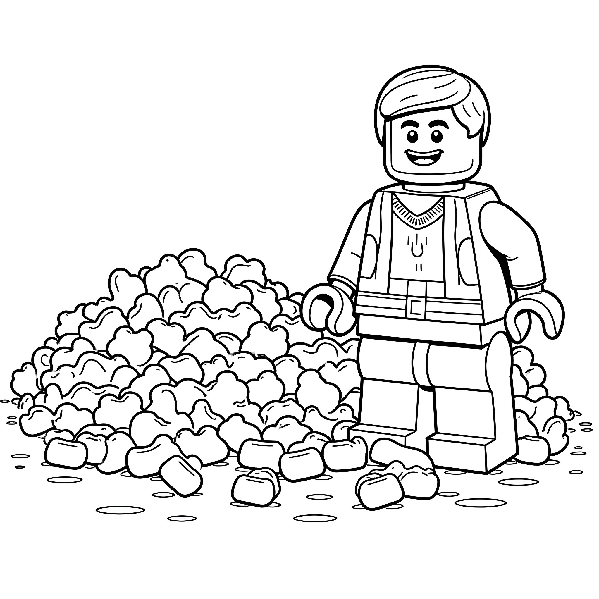Lego character playing with rocks and stones Coloring Page (free black-and-white line drawing printable PDF for all, from beginners to advanced learners, including children, teens, adults, and seniors)