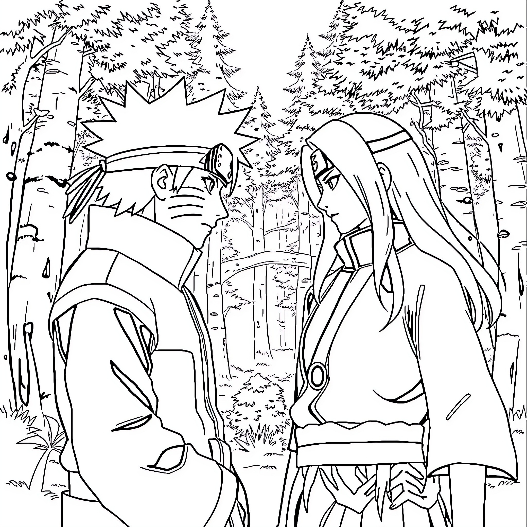Naruto and Hinata in the Forest Adventure Coloring Page (free black-and-white line drawing printable PDF for all, from beginners to advanced learners, including children, teens, adults, and seniors)