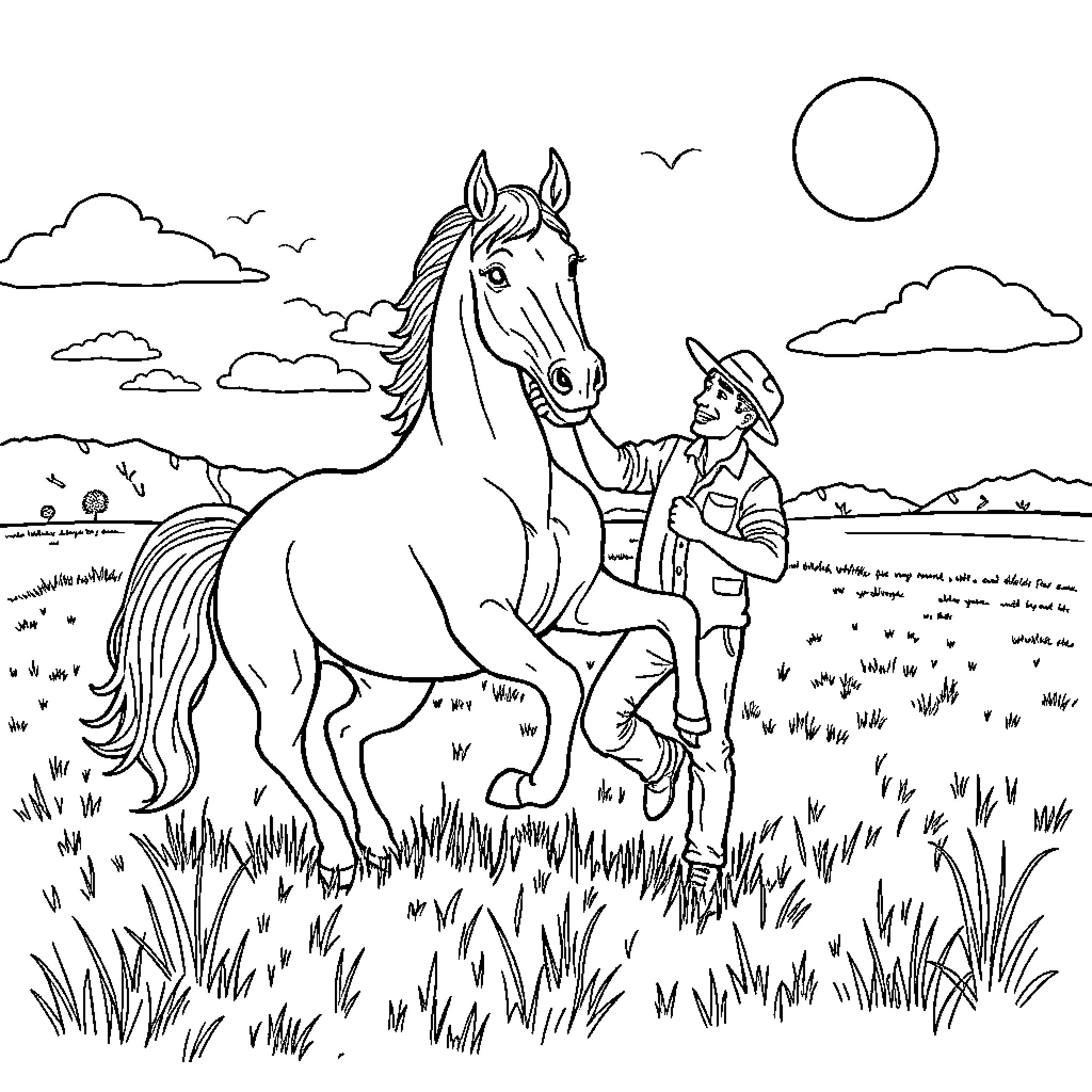 Horse and Cowboy in Scenic Countryside Coloring Page (free black-and-white line drawing printable PDF for all, from beginners to advanced learners, including children, teens, adults, and seniors)