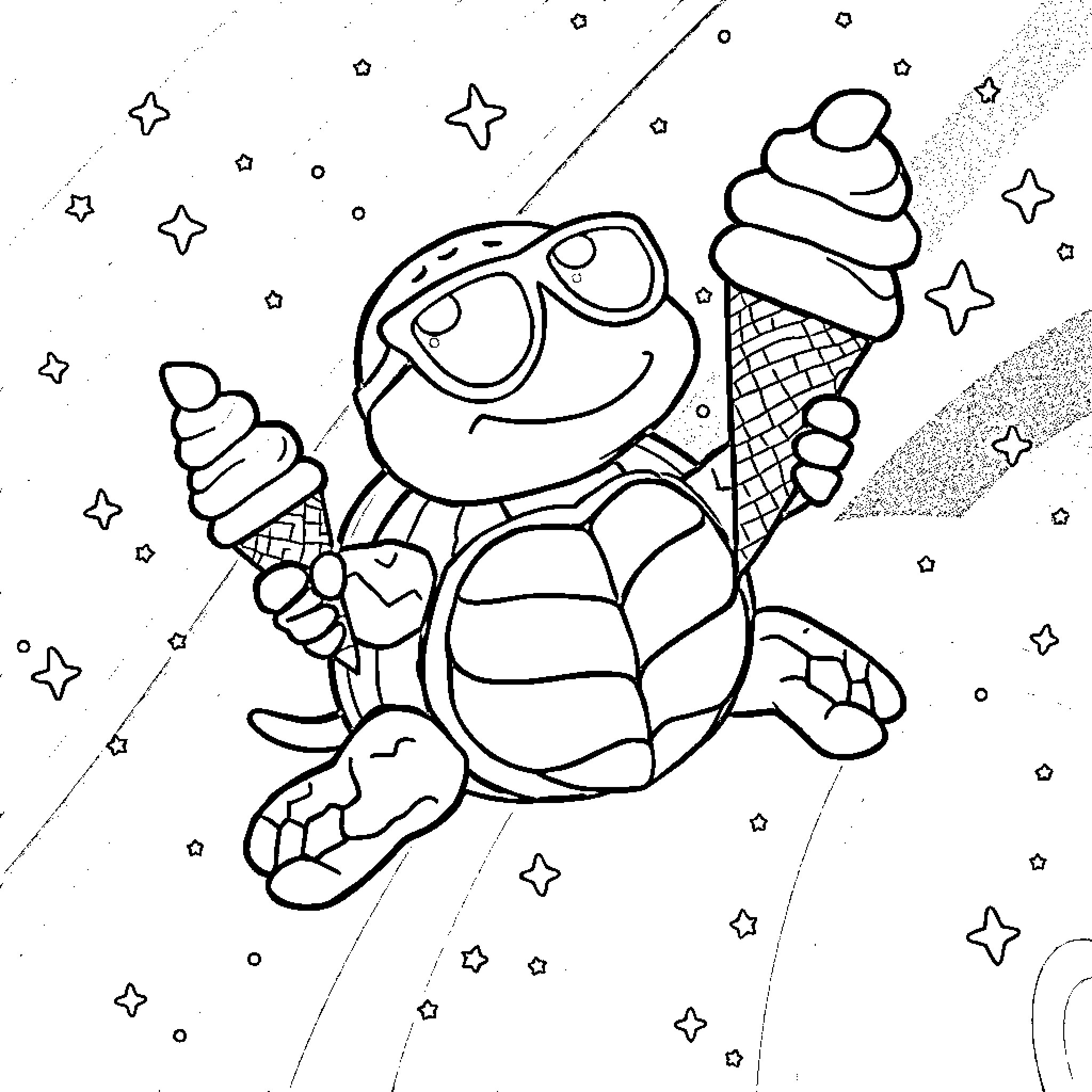 Turtle enjoying a celestial ice cream Coloring Page (free black-and-white line drawing printable PDF for all, from beginners to advanced learners, including children, teens, adults, and seniors)