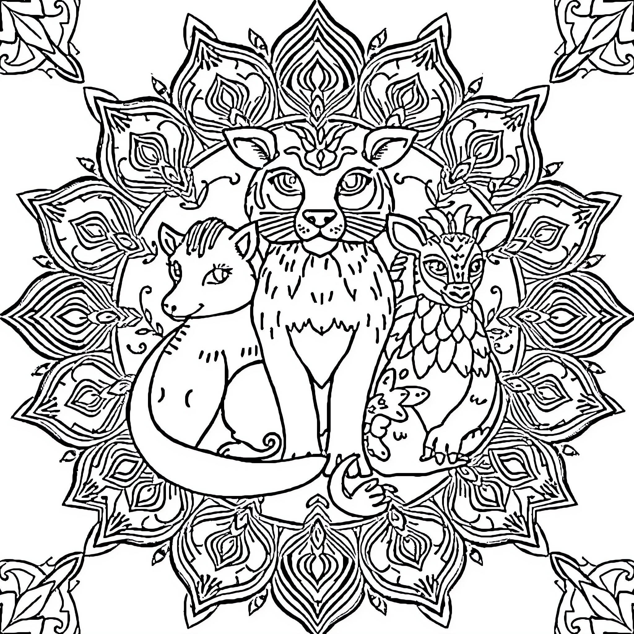 Animal mandala with mystical feline creatures Coloring Page (free black-and-white line drawing printable PDF for all, from beginners to advanced learners, including children, teens, adults, and seniors)