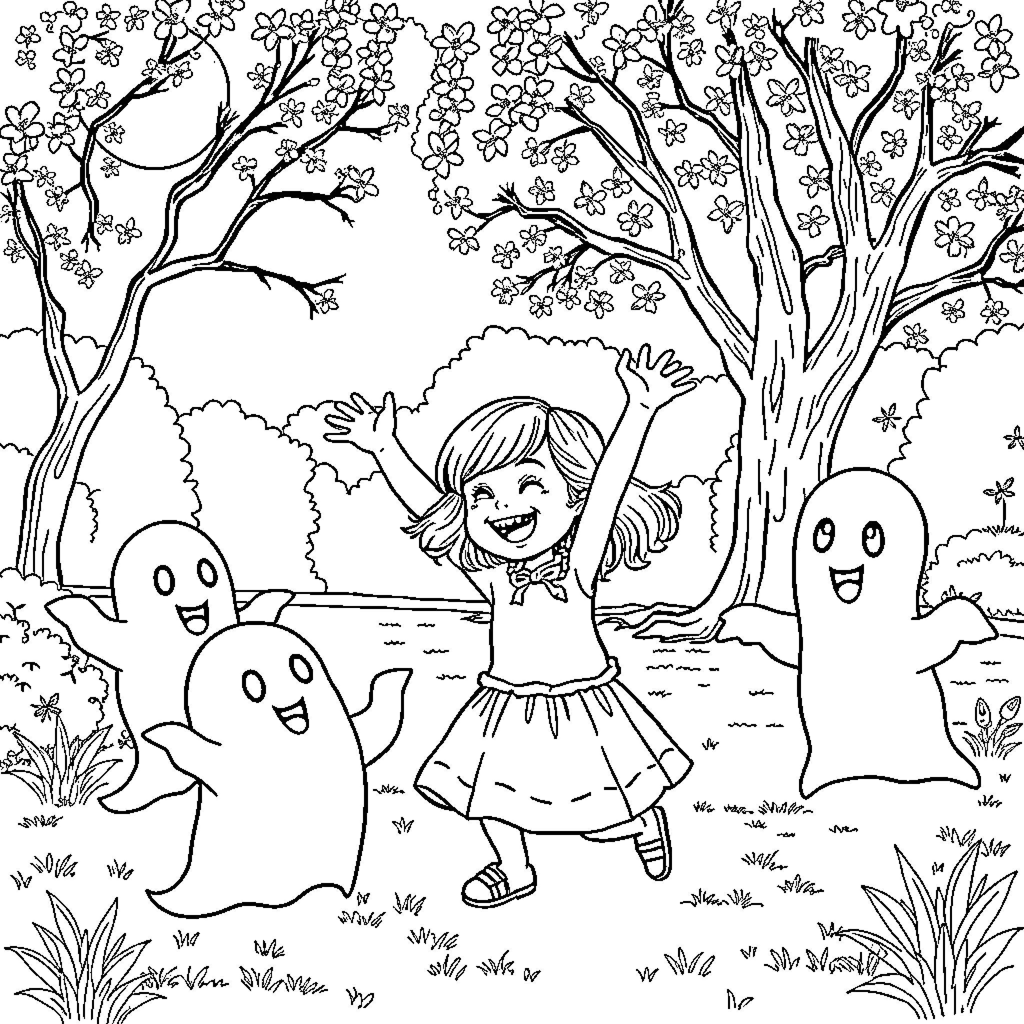 Girl Joyfully Playing with Ghost Companions in Floral Woodland Coloring Page (free black-and-white line drawing printable PDF for all, from beginners to advanced learners, including children, teens, adults, and seniors)