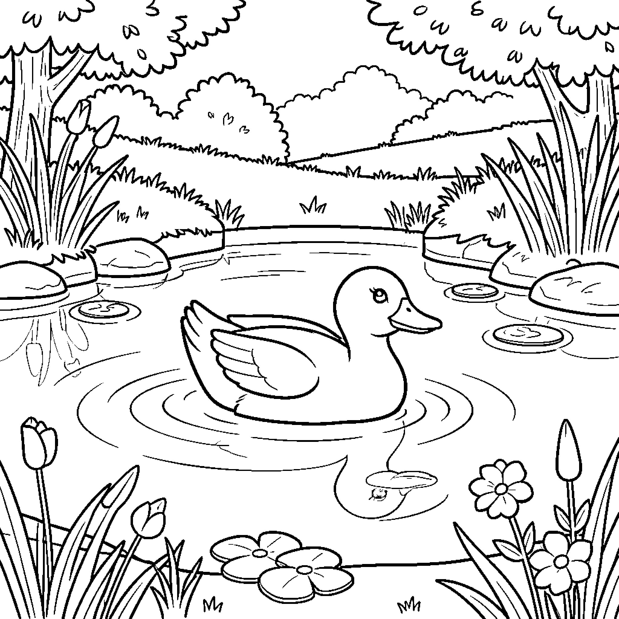 Pilín's Serene Pond Adventure Coloring Page (free black-and-white line drawing printable PDF for all, from beginners to advanced learners, including children, teens, adults, and seniors)
