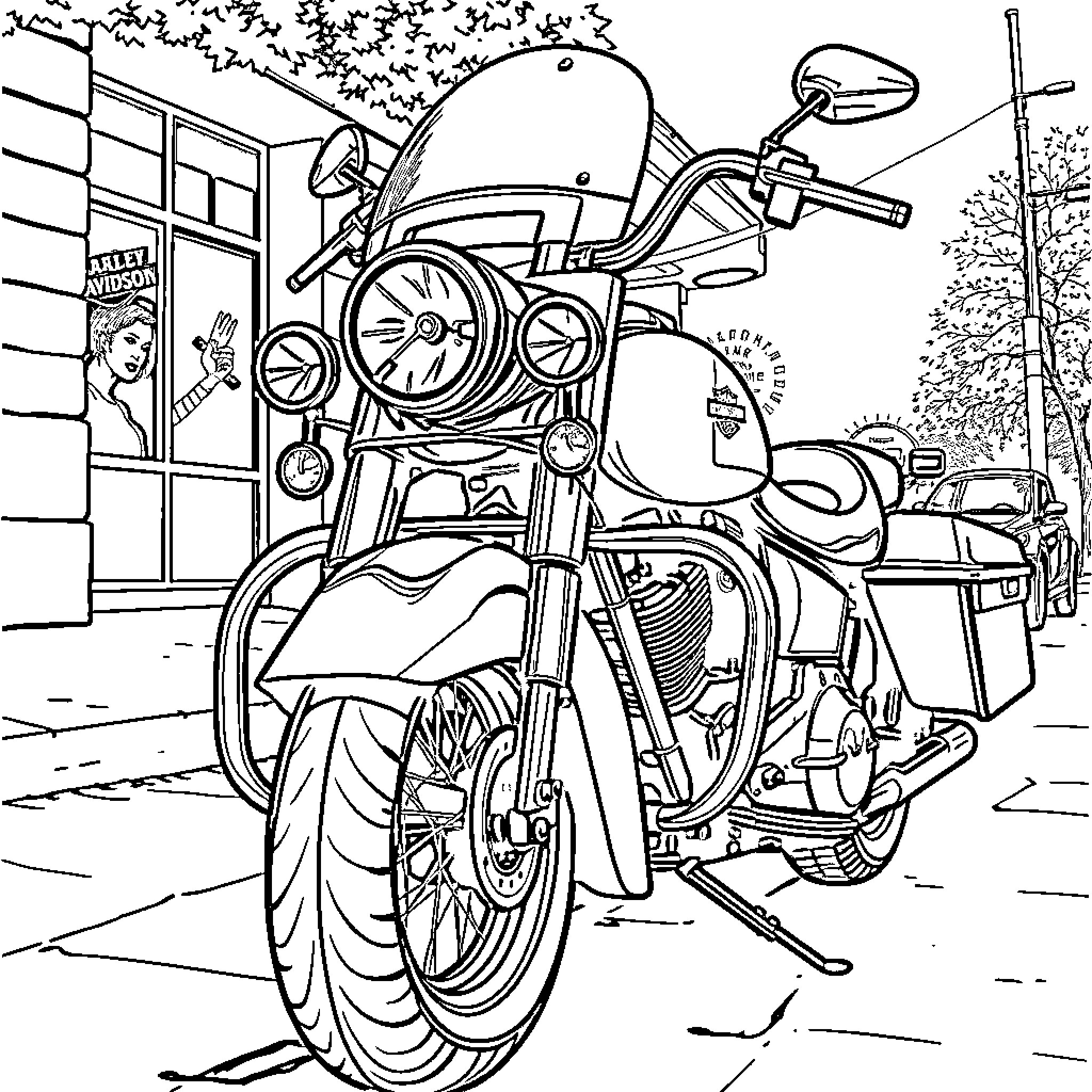Harley Davidson motorcycle parked on city street Coloring Page (free black-and-white line drawing printable PDF for all, from beginners to advanced learners, including children, teens, adults, and seniors)
