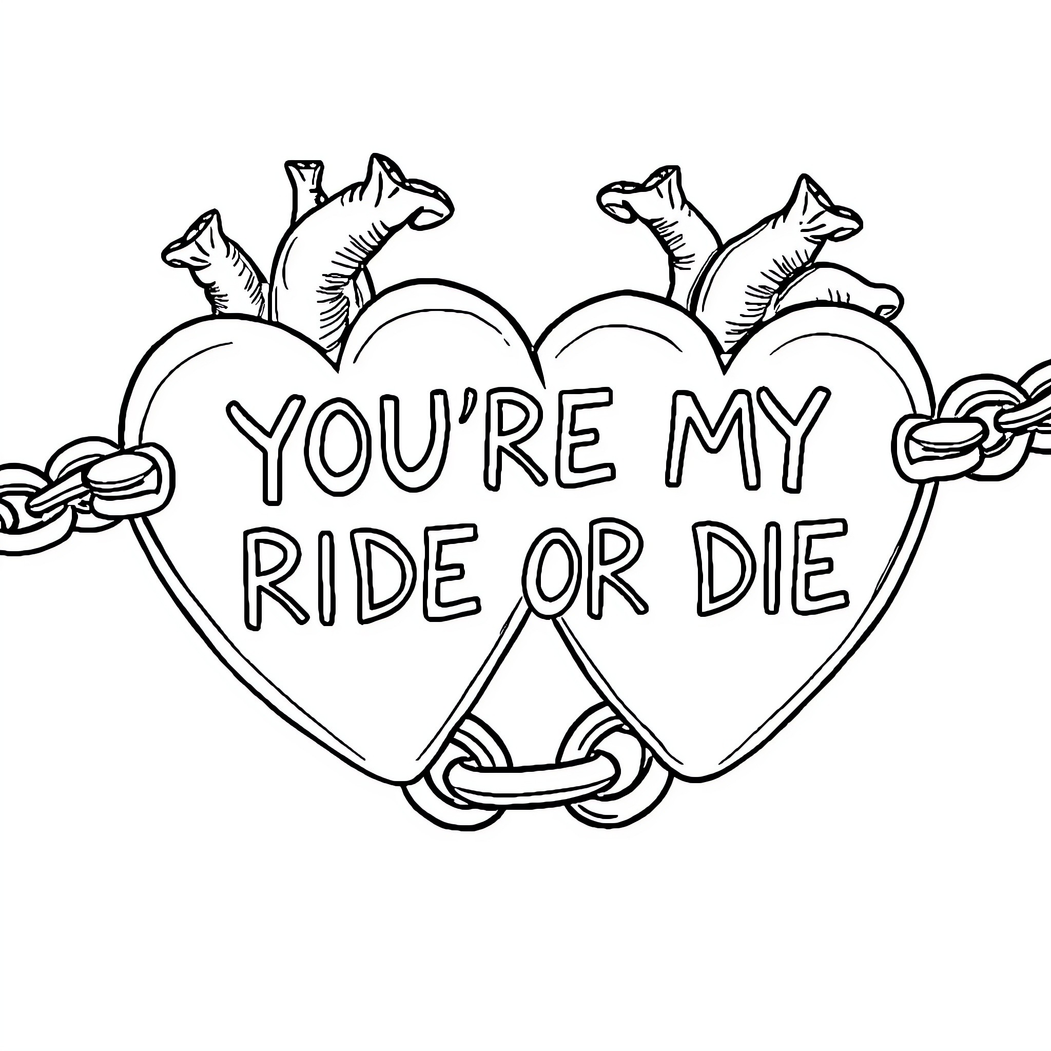 Heart-shaped tattoo with 'You're my ride or die' message Coloring Page (free black-and-white line drawing printable PDF for all, from beginners to advanced learners, including children, teens, adults, and seniors)