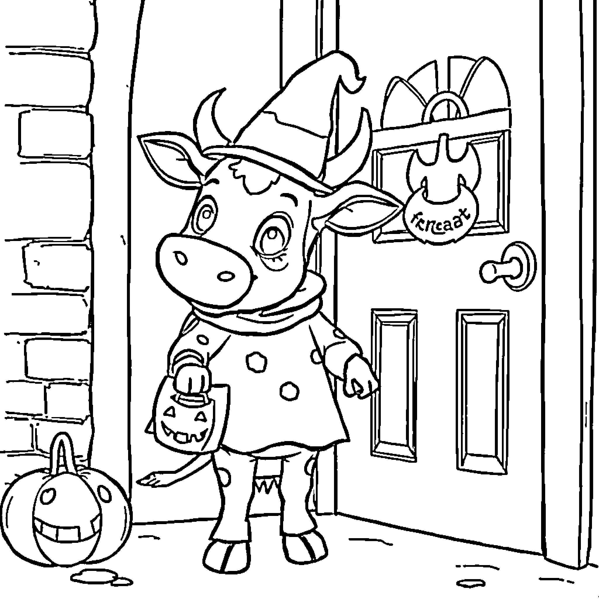 Cow dressed up for Halloween trick-or-treating Coloring Page (free black-and-white line drawing printable PDF for all, from beginners to advanced learners, including children, teens, adults, and seniors)