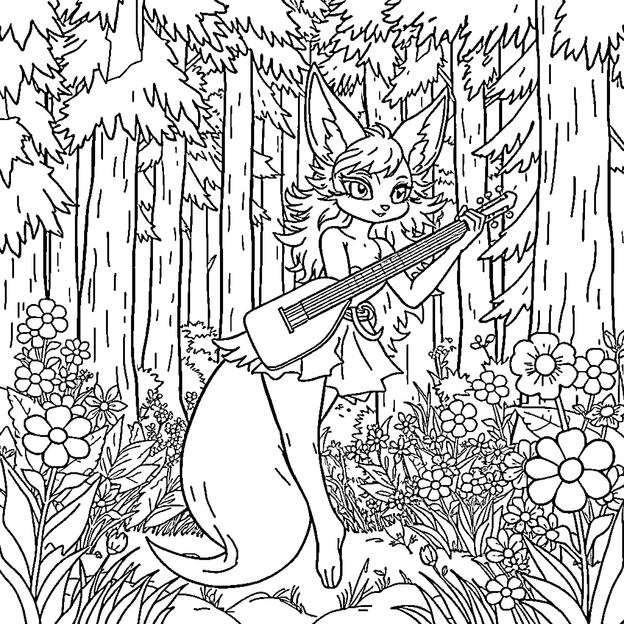 Girl exploring the enchanted forest with her guitar Coloring Page (free black-and-white line drawing printable PDF for all, from beginners to advanced learners, including children, teens, adults, and seniors)