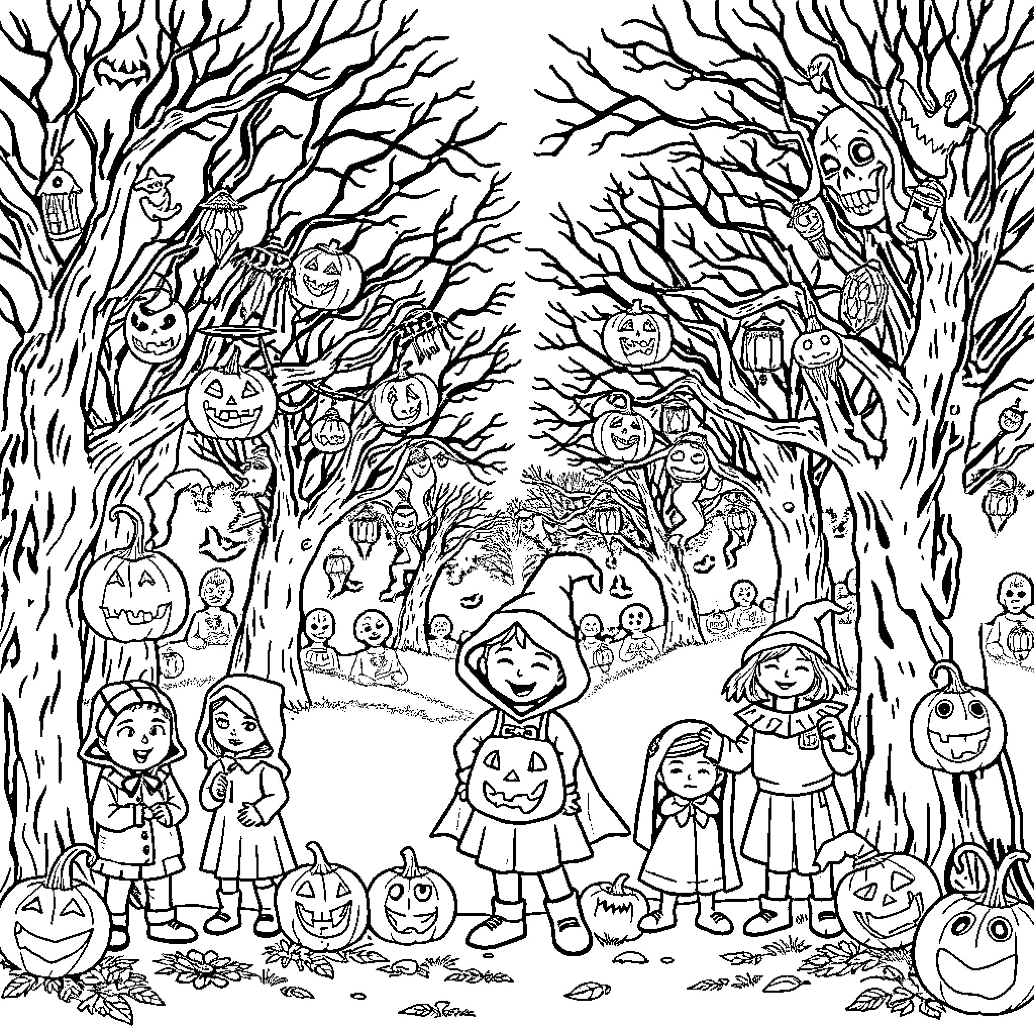 Halloween children in spooky forest Coloring Page (free black-and-white line drawing printable PDF for all, from beginners to advanced learners, including children, teens, adults, and seniors)