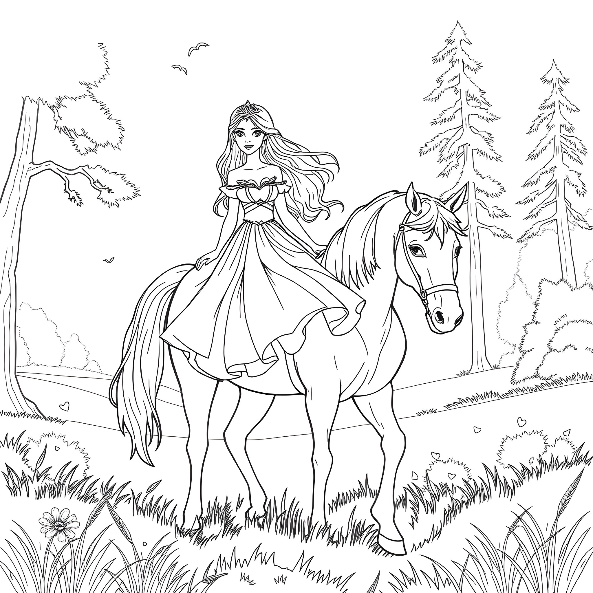 Princess exploring the enchanted forest on her majestic horse Coloring Page (free black-and-white line drawing printable PDF for all, from beginners to advanced learners, including children, teens, adults, and seniors)