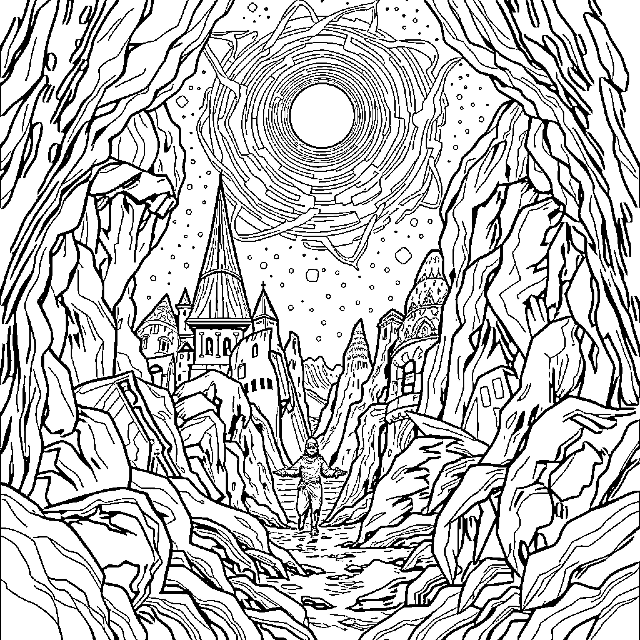 Night in the Mystical Castle Realm Coloring Page (free black-and-white line drawing printable PDF for all, from beginners to advanced learners, including children, teens, adults, and seniors)