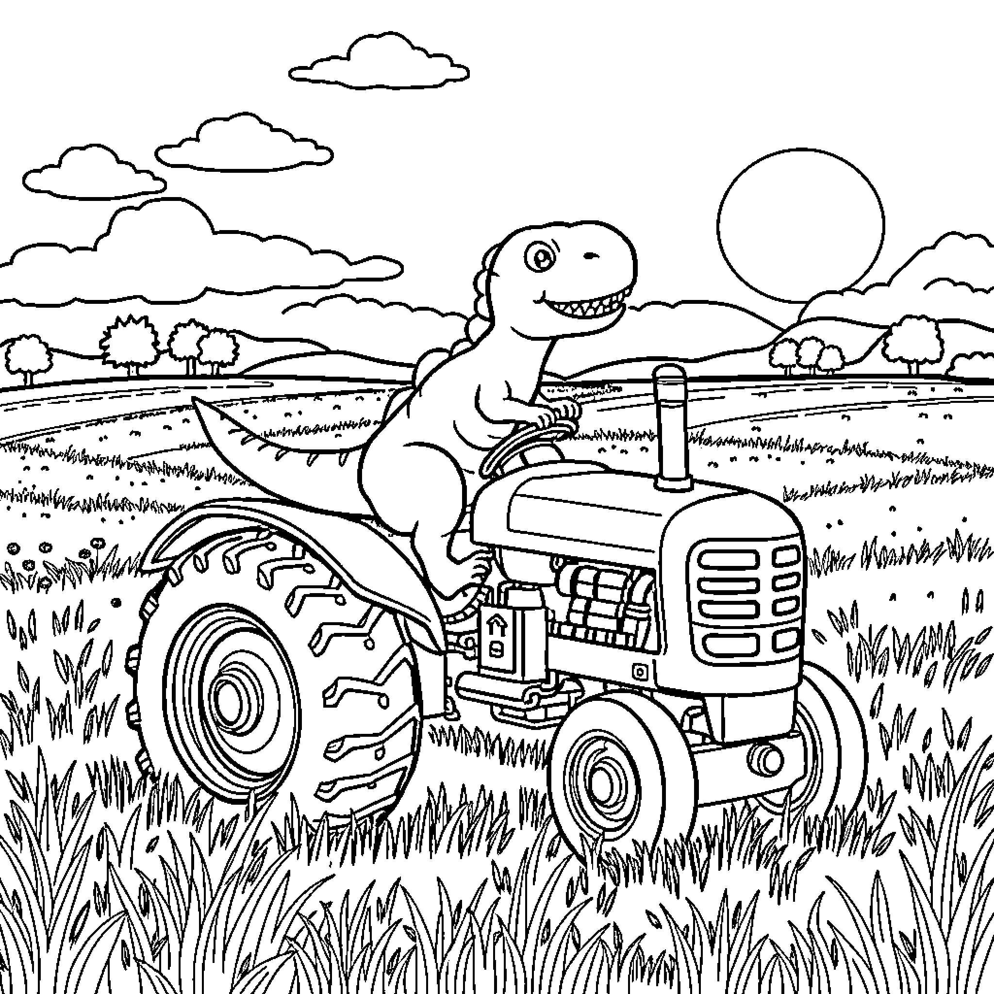 Dinosaur driving a tractor in the countryside Coloring Page (free black-and-white line drawing printable PDF for all, from beginners to advanced learners, including children, teens, adults, and seniors)