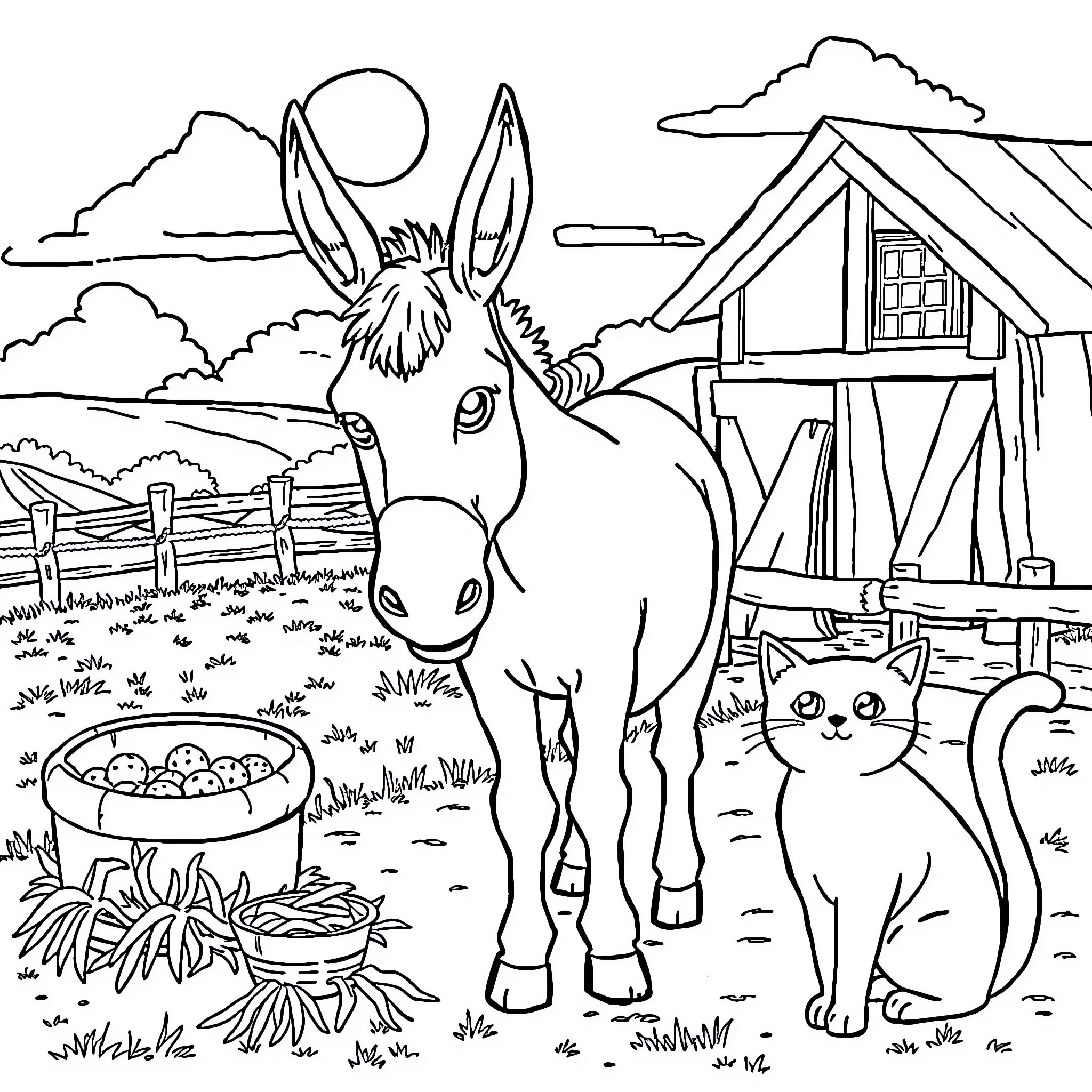 Donkey and cat enjoy the farmhouse scenery Coloring Page (free black-and-white line drawing printable PDF for all, from beginners to advanced learners, including children, teens, adults, and seniors)