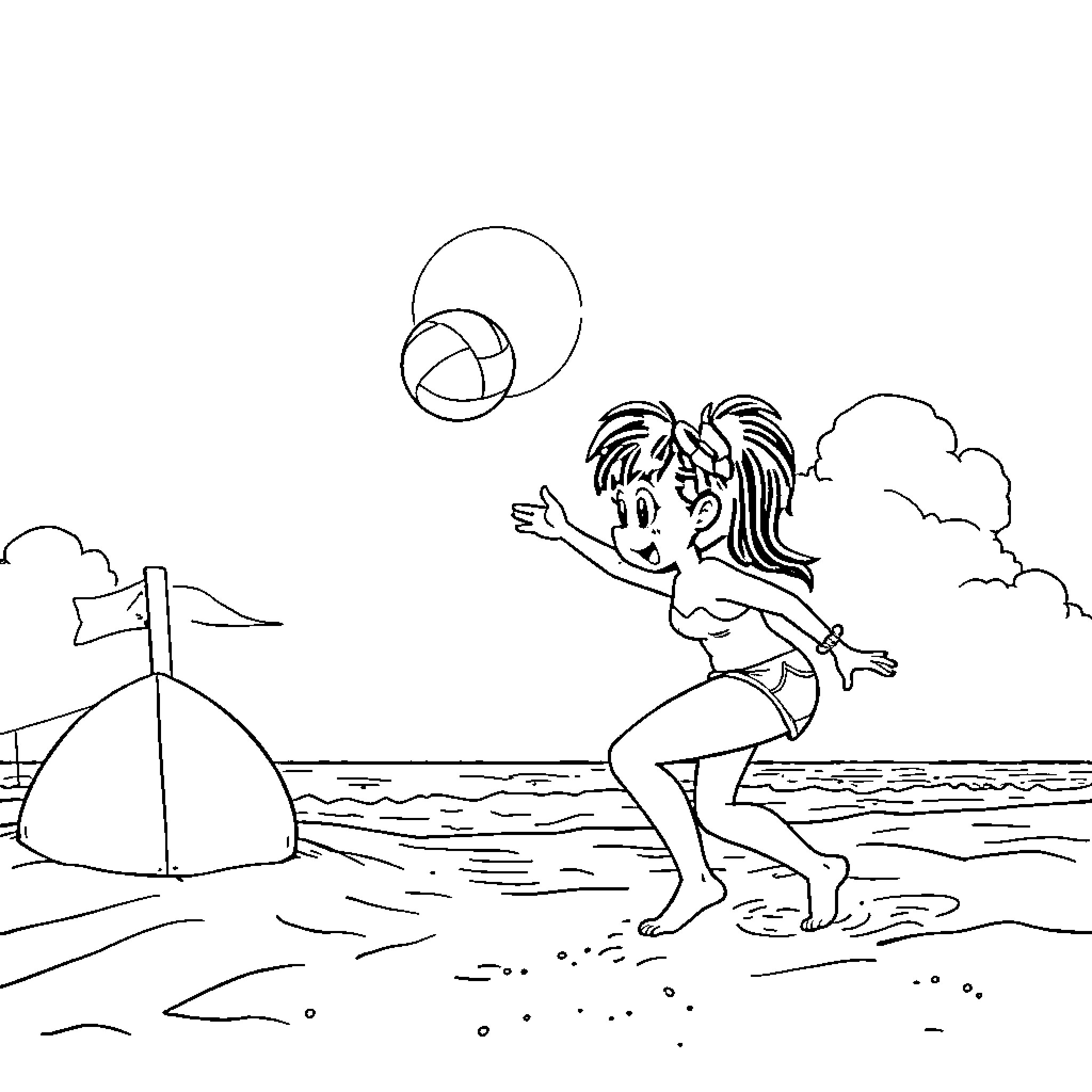 Cinamorrol enjoying summer activities by the beach Coloring Page (free black-and-white line drawing printable PDF for all, from beginners to advanced learners, including children, teens, adults, and seniors)