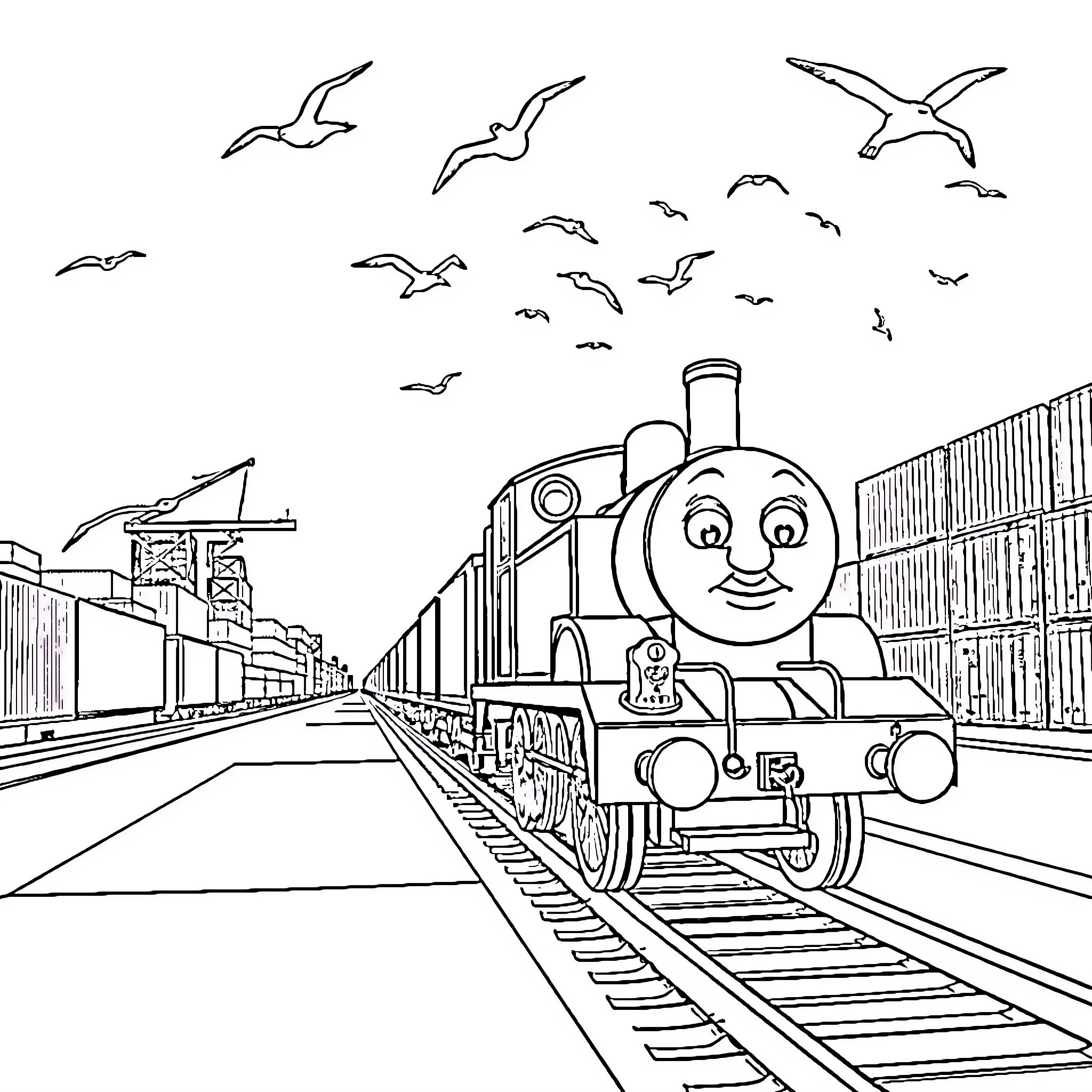 Thomas the train happily chugging along the railway track Coloring Page (free black-and-white line drawing printable PDF for all, from beginners to advanced learners, including children, teens, adults, and seniors)