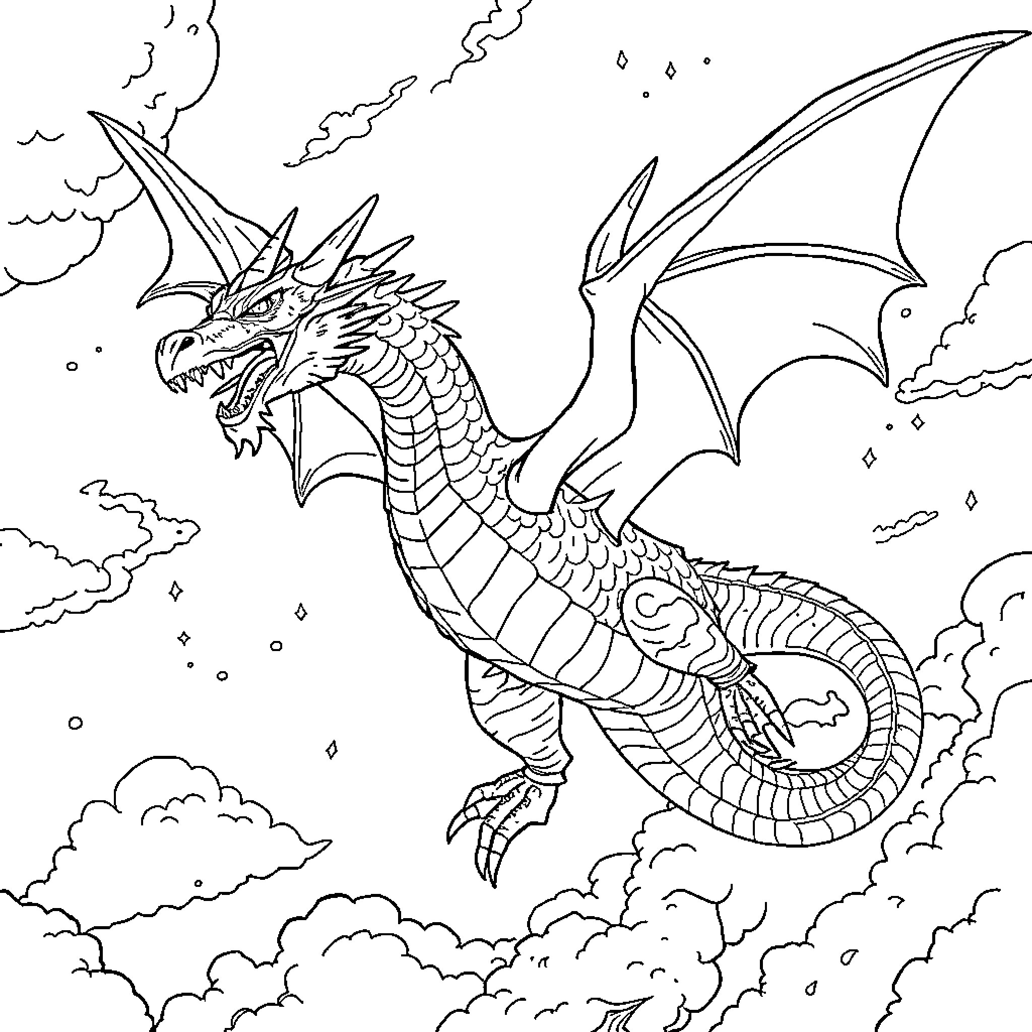 Dragon soaring through stormy skies Coloring Page (free black-and-white line drawing printable PDF for all, from beginners to advanced learners, including children, teens, adults, and seniors)