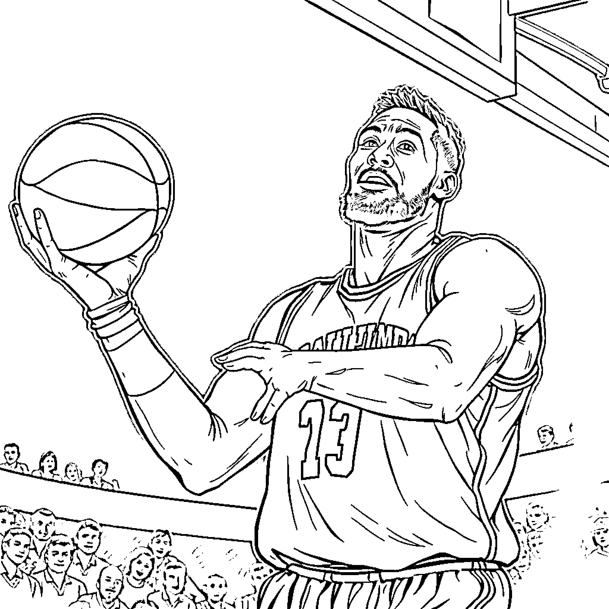 Man in basketball jersey preparing to shoot the ball Coloring Page (free black-and-white line drawing printable PDF for all, from beginners to advanced learners, including children, teens, adults, and seniors)