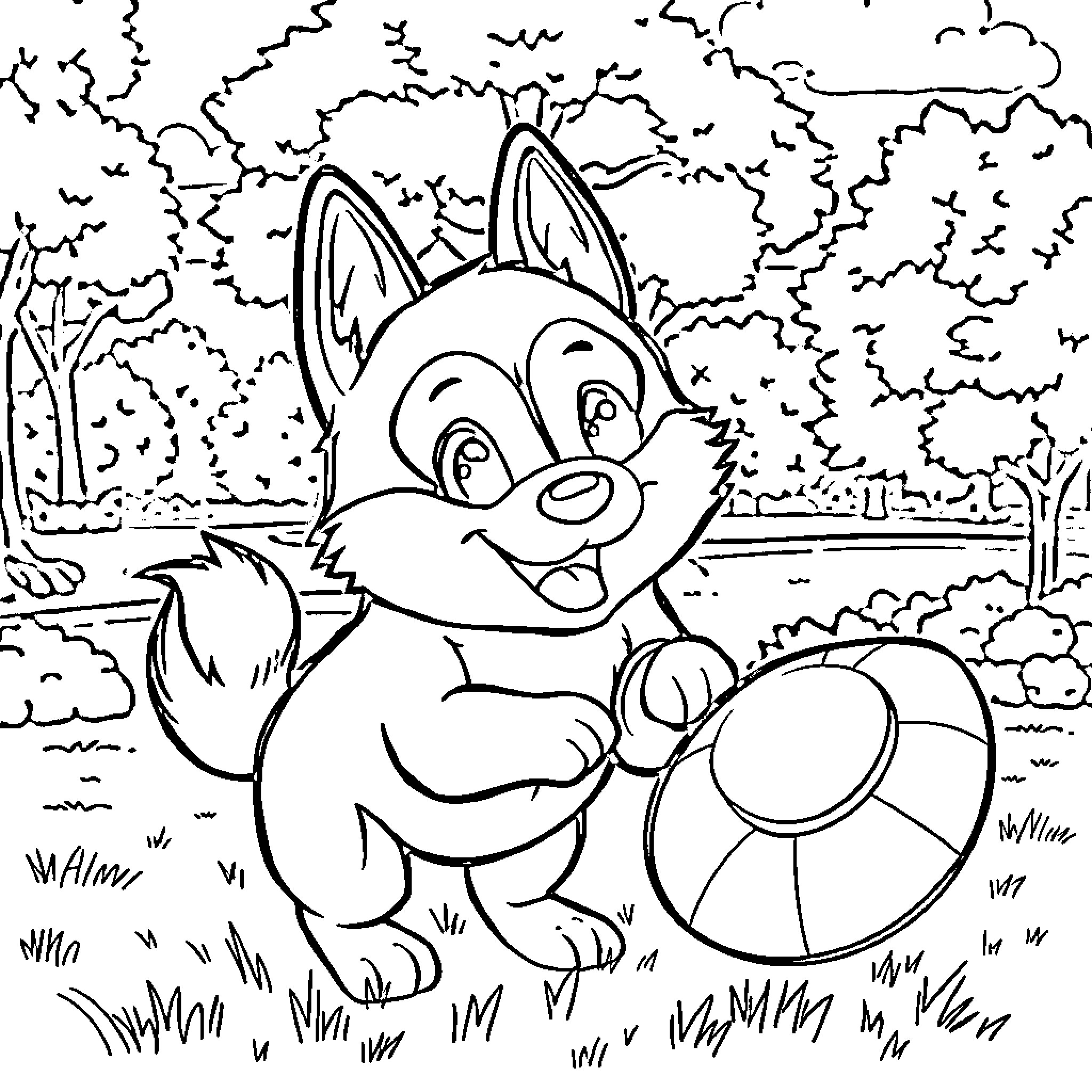 Husky puppy playing happily with ball in the park Coloring Page (free black-and-white line drawing printable PDF for all, from beginners to advanced learners, including children, teens, adults, and seniors)