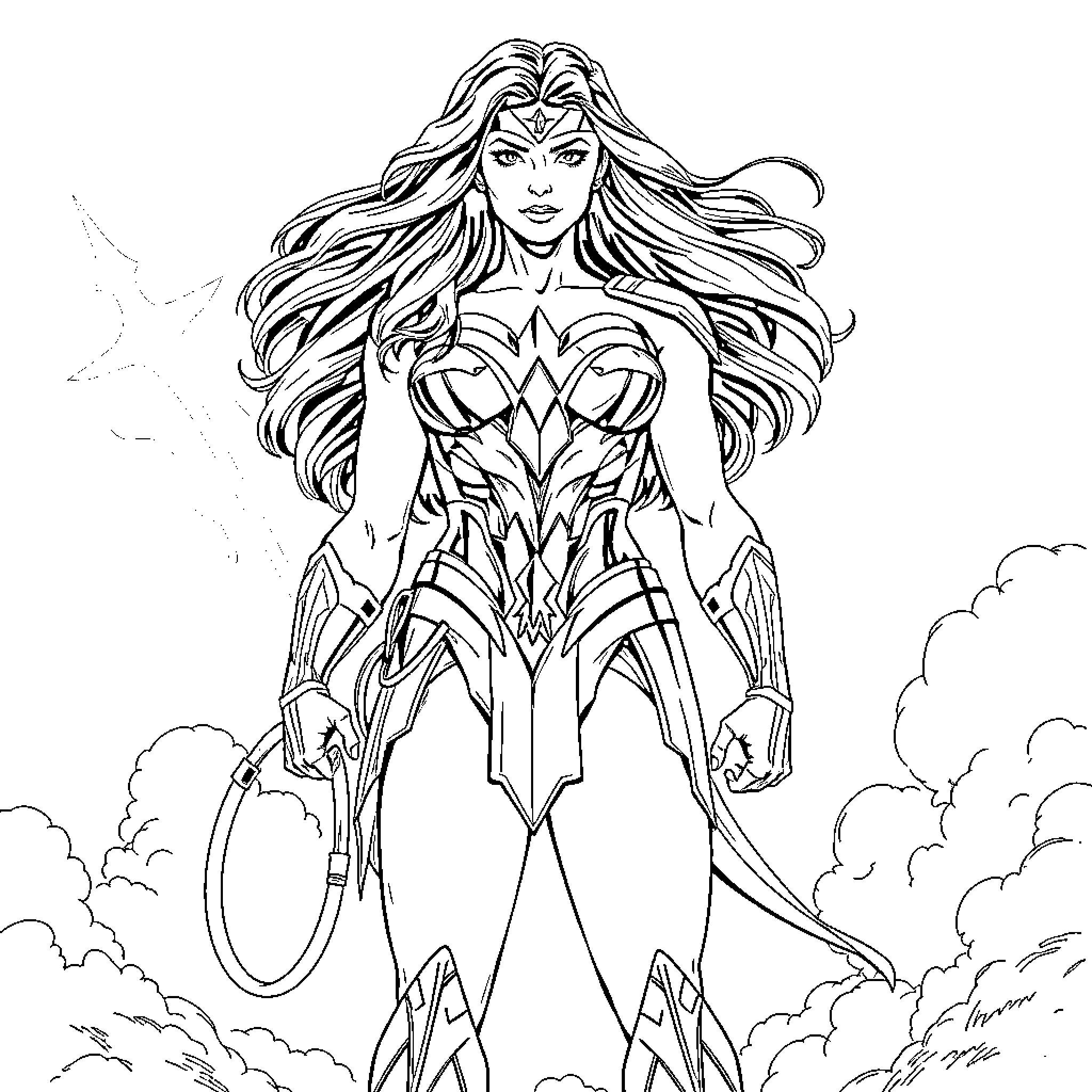 Wonder Woman wielding her lasso in the clouds Coloring Page (free black-and-white line drawing printable PDF for all, from beginners to advanced learners, including children, teens, adults, and seniors)