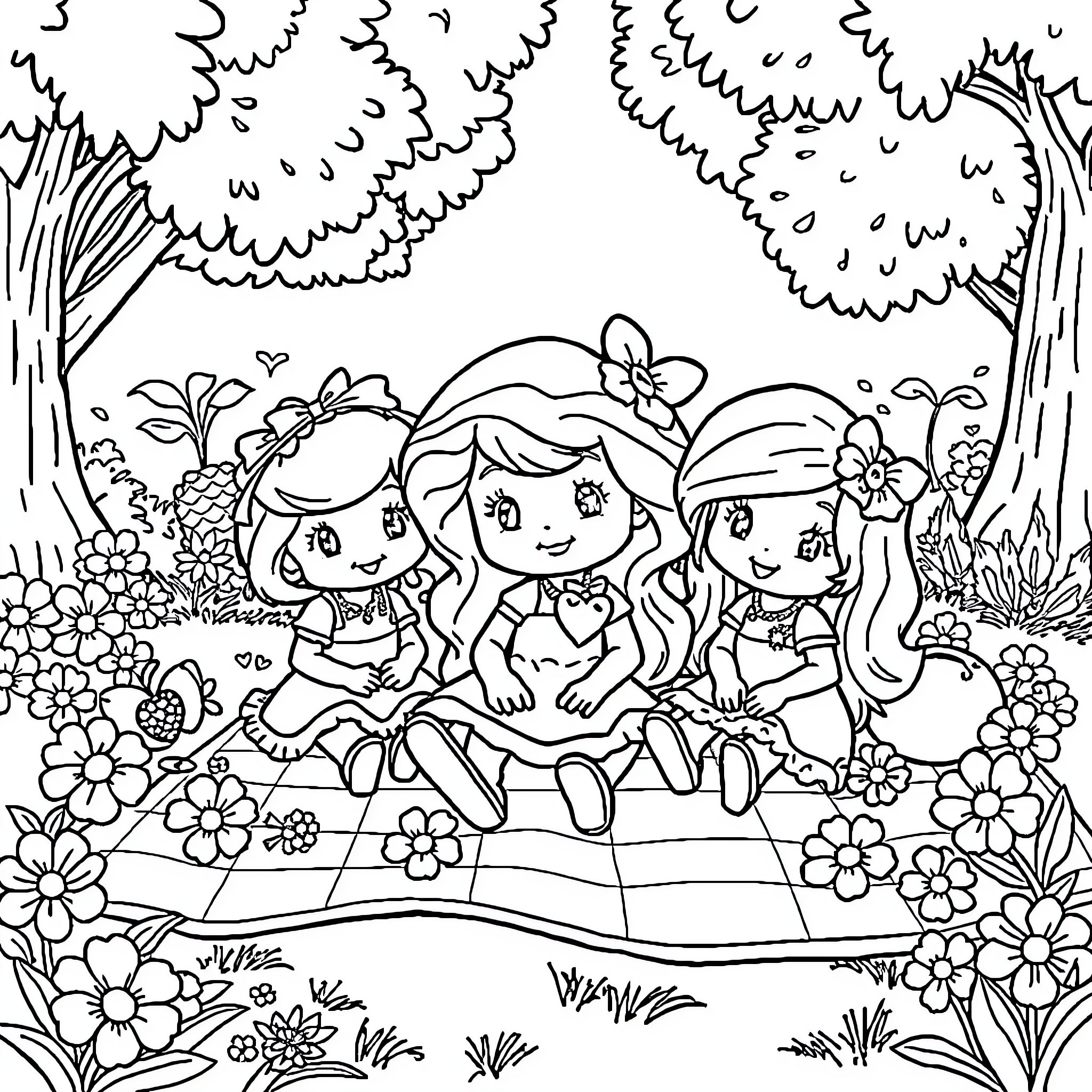 Strawberry Shortcake and friends exploring a floral forest Coloring Page (free black-and-white line drawing printable PDF for all, from beginners to advanced learners, including children, teens, adults, and seniors)