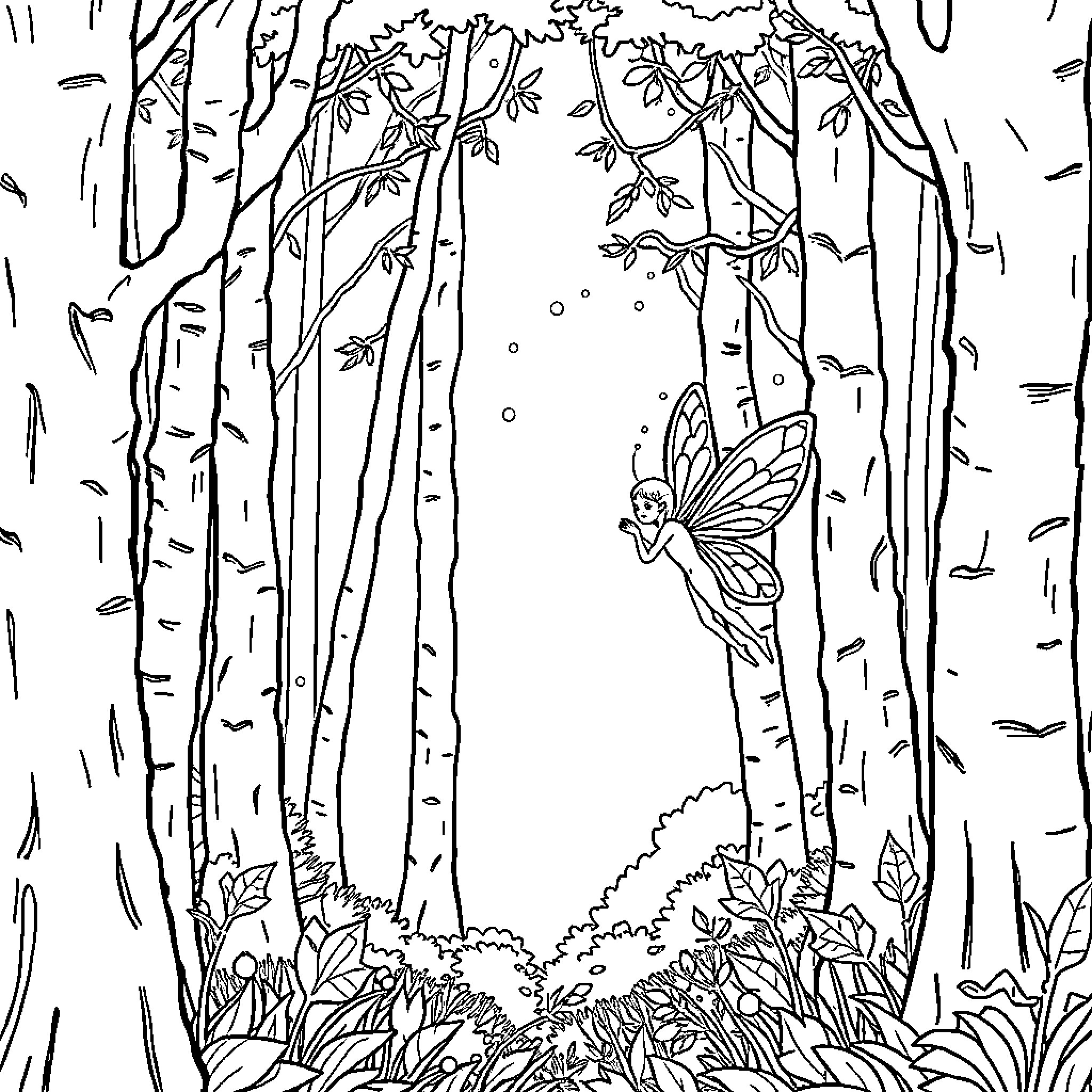 Fairy flying amidst the enchanting forest Coloring Page (free black-and-white line drawing printable PDF for all, from beginners to advanced learners, including children, teens, adults, and seniors)