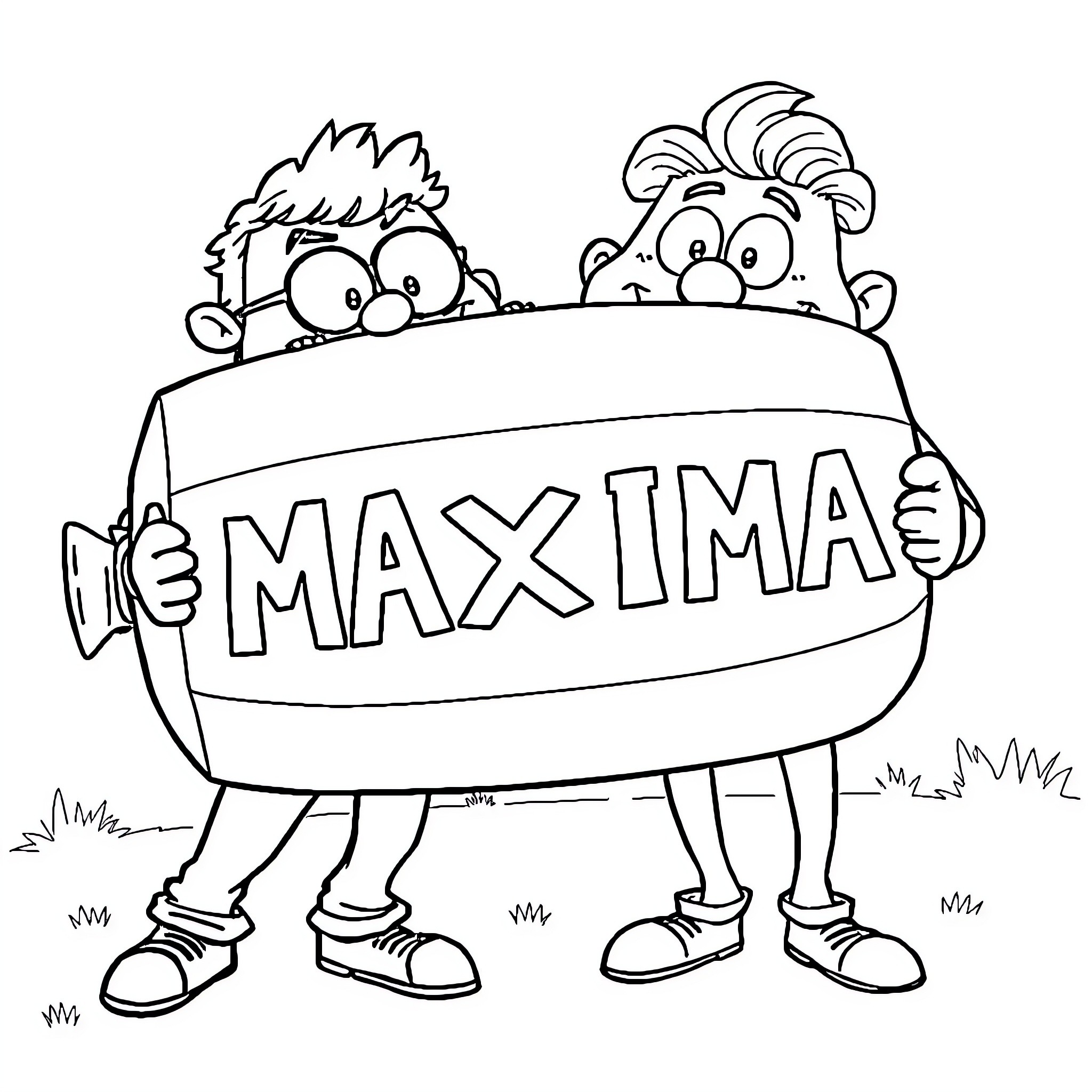 Bing Friends holding Maxima sign Coloring Page (free black-and-white line drawing printable PDF for all, from beginners to advanced learners, including children, teens, adults, and seniors)