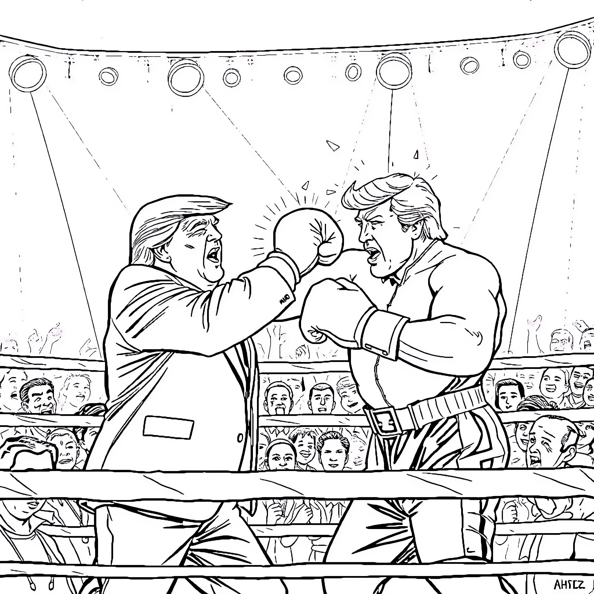 Donald Trump Engaging in a Boxing Match Coloring Page (free black-and-white line drawing printable PDF for all, from beginners to advanced learners, including children, teens, adults, and seniors)
