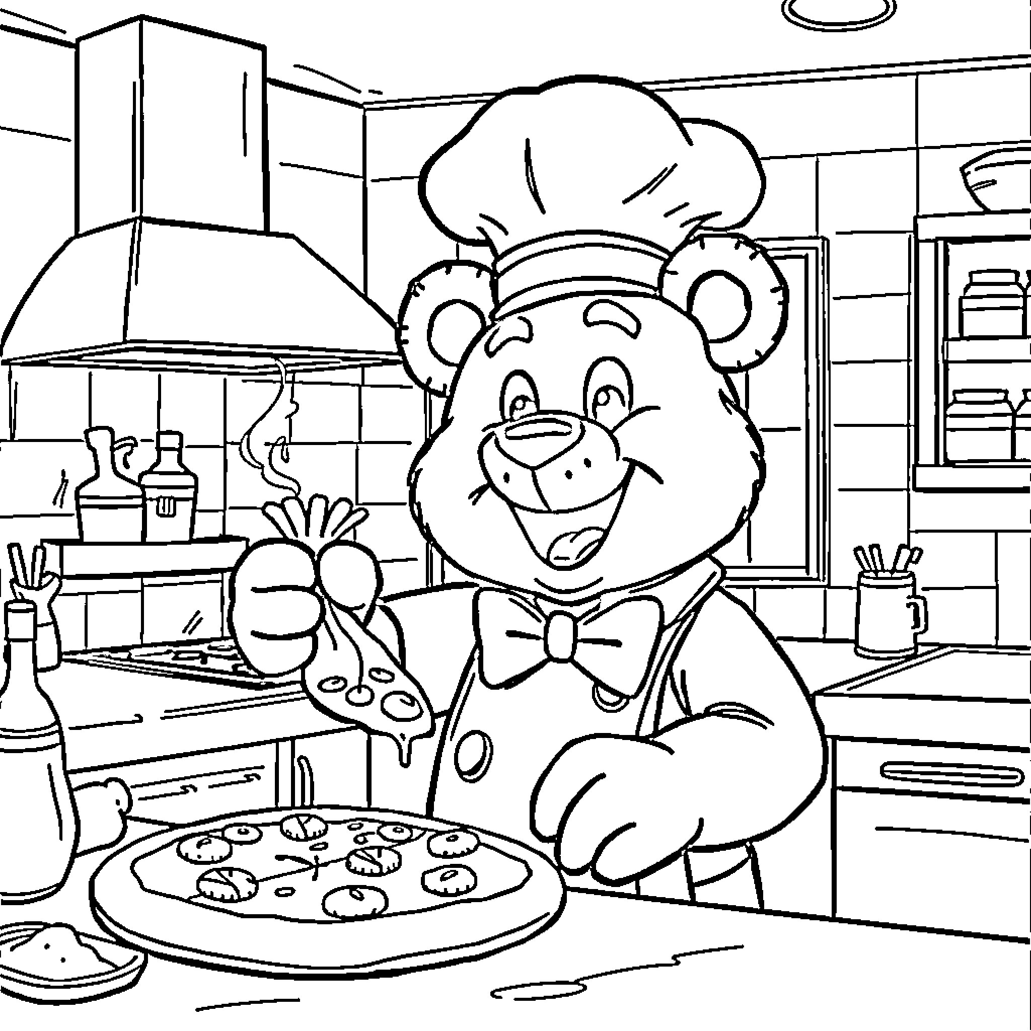 Freddy Fazbear as a Friendly Chef in the Kitchen Coloring Page (free black-and-white line drawing printable PDF for all, from beginners to advanced learners, including children, teens, adults, and seniors)