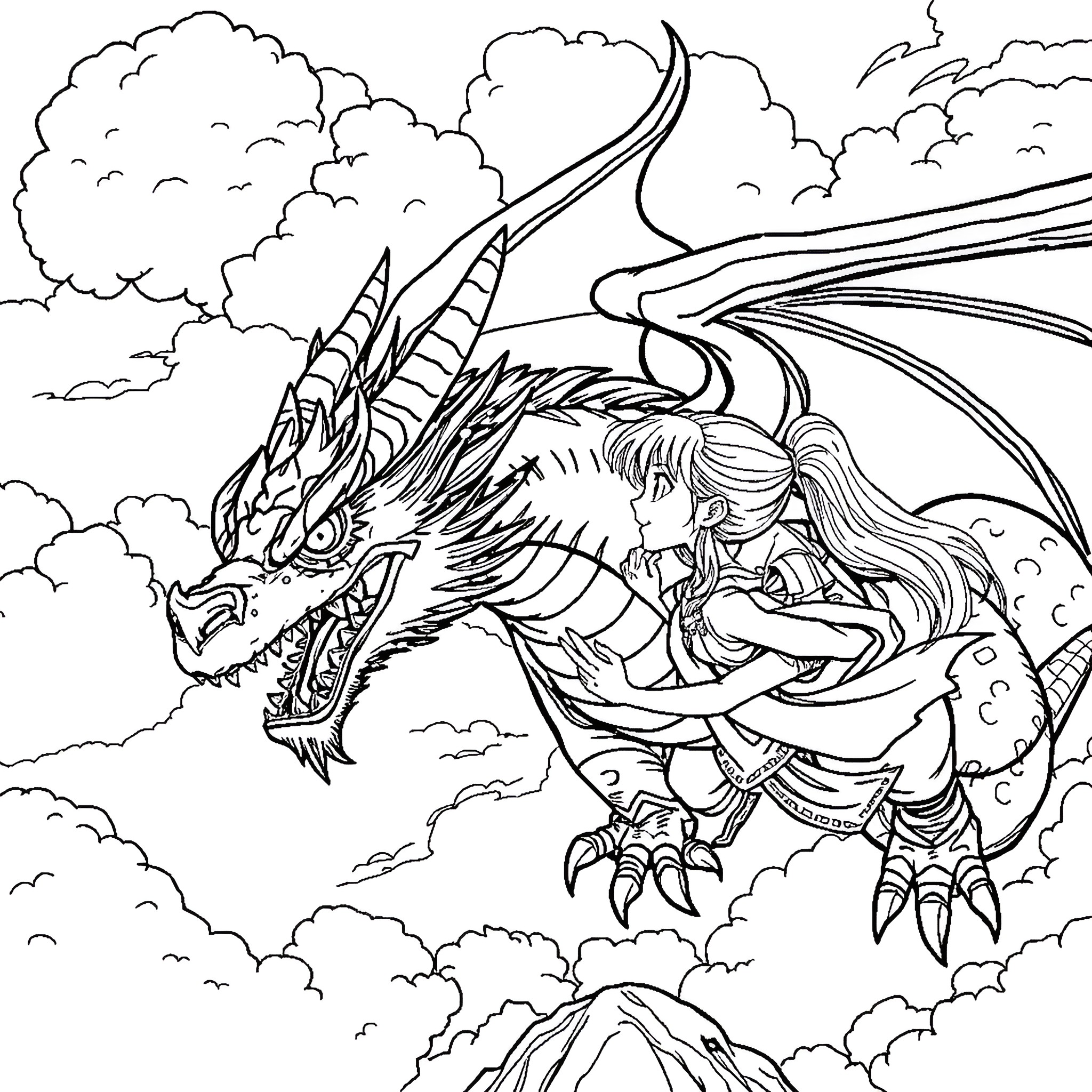 Dragon and Warrior in Adventurous Scene Coloring Page (free black-and-white line drawing printable PDF for all, from beginners to advanced learners, including children, teens, adults, and seniors)