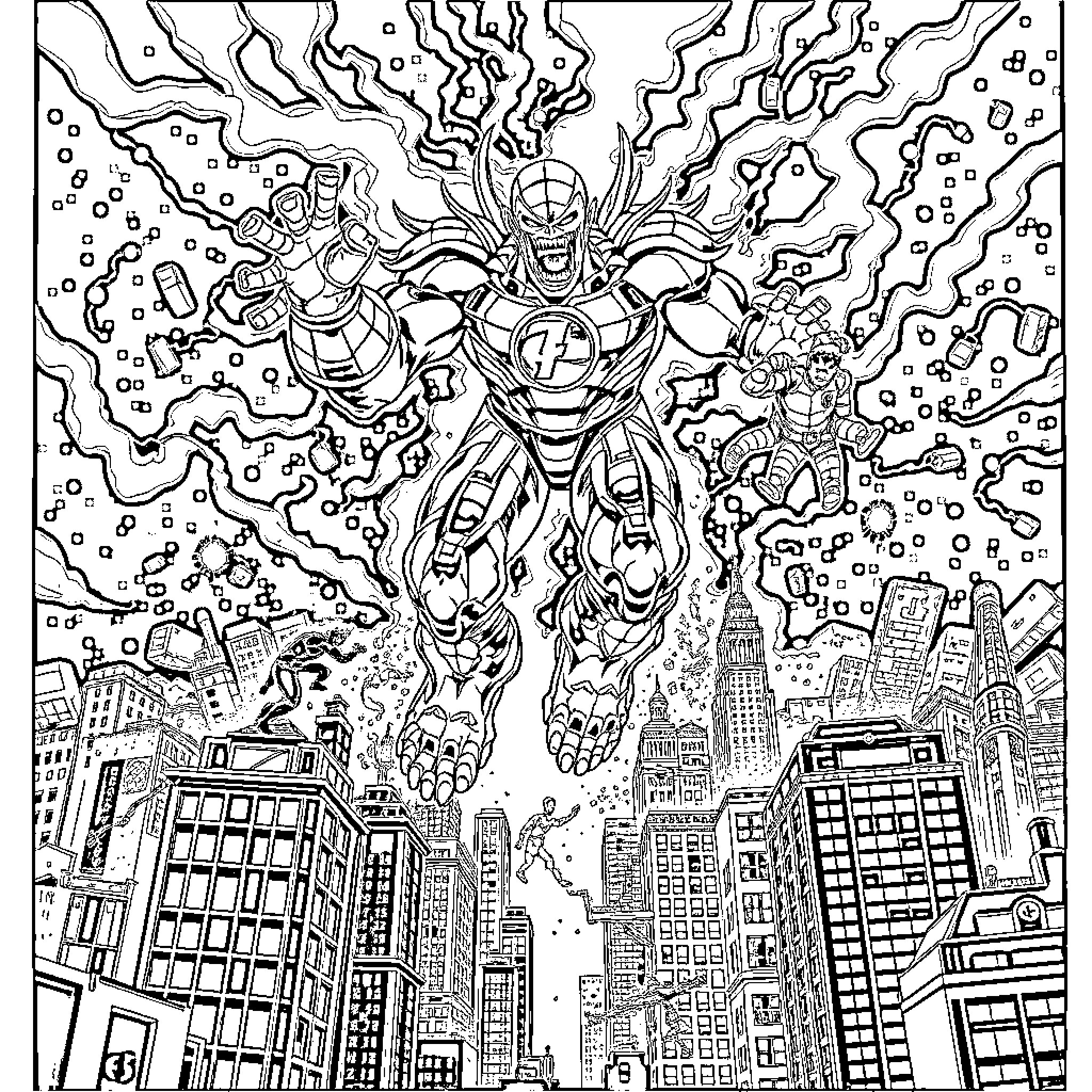 Fantastic Four Superheroes Battling in the City Coloring Page (free black-and-white line drawing printable PDF for all, from beginners to advanced learners, including children, teens, adults, and seniors)