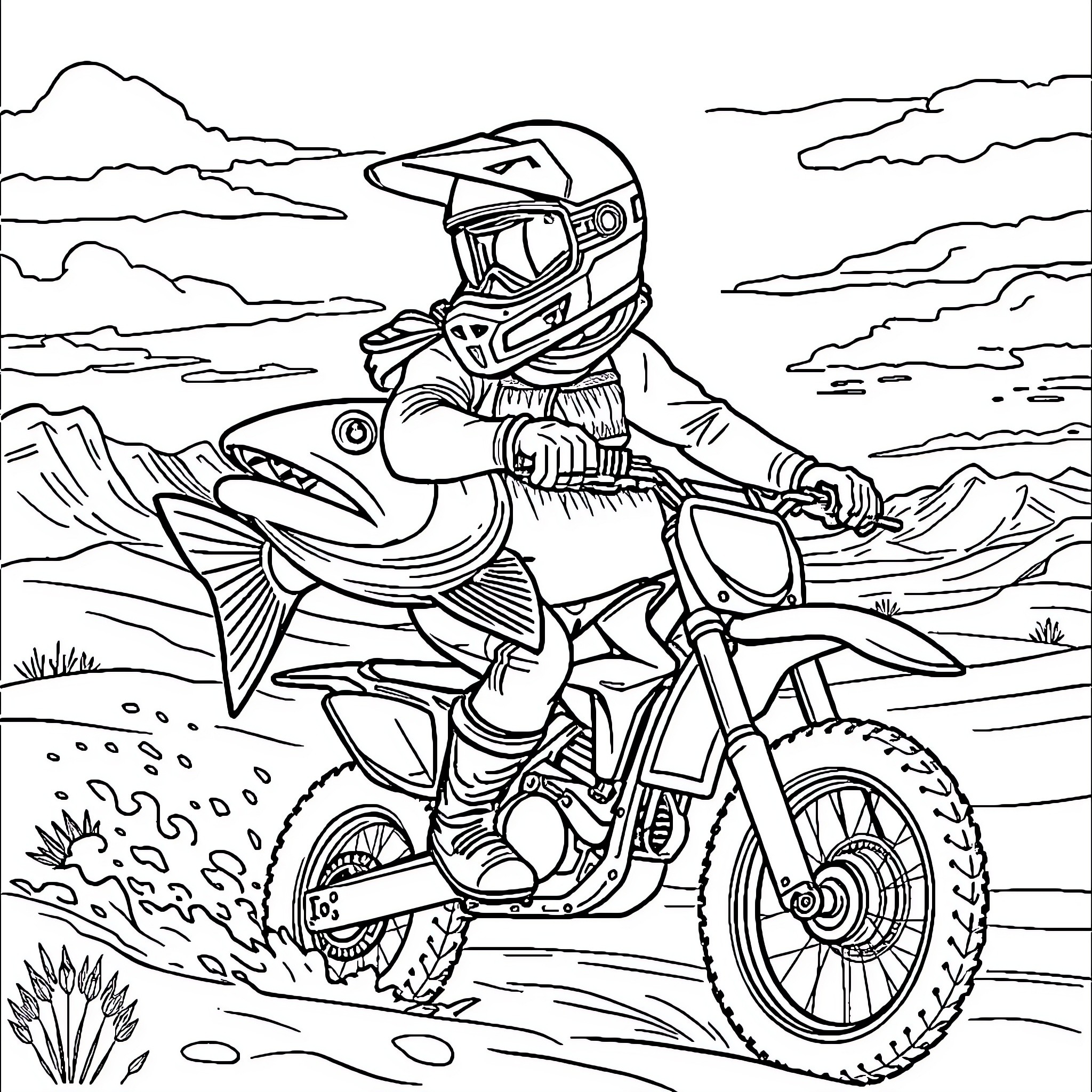 Salmon riding dirt bike in the wilderness Coloring Page (free black-and-white line drawing printable PDF for all, from beginners to advanced learners, including children, teens, adults, and seniors)