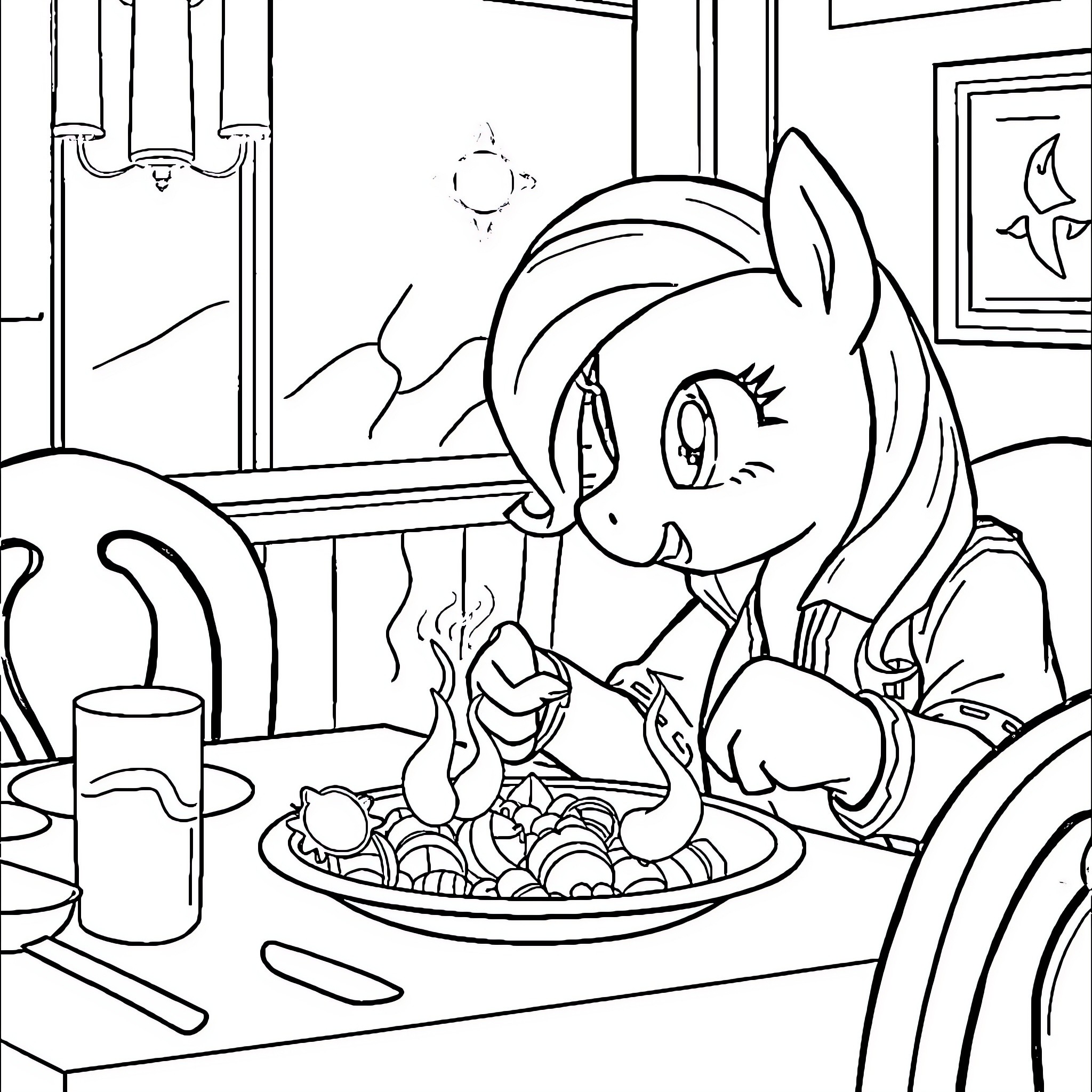 Pony enjoying a hearty meal in the kitchen Coloring Page (free black-and-white line drawing printable PDF for all, from beginners to advanced learners, including children, teens, adults, and seniors)