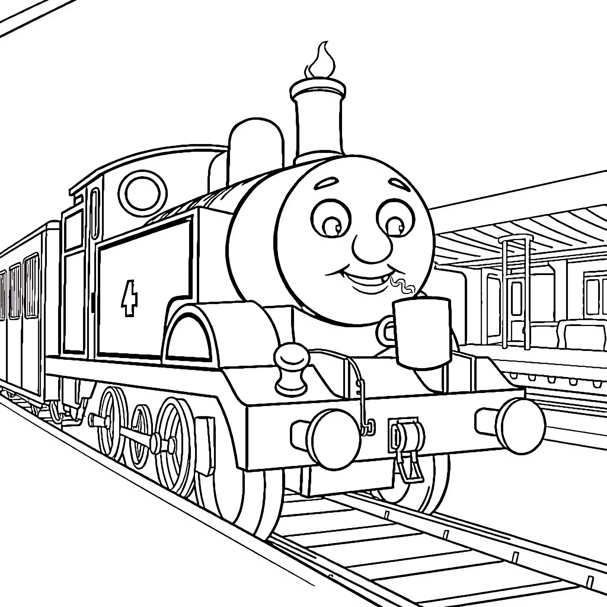 Thomas the Tank Engine's Cheerful Journey Coloring Page (free black-and-white line drawing printable PDF for all, from beginners to advanced learners, including children, teens, adults, and seniors)