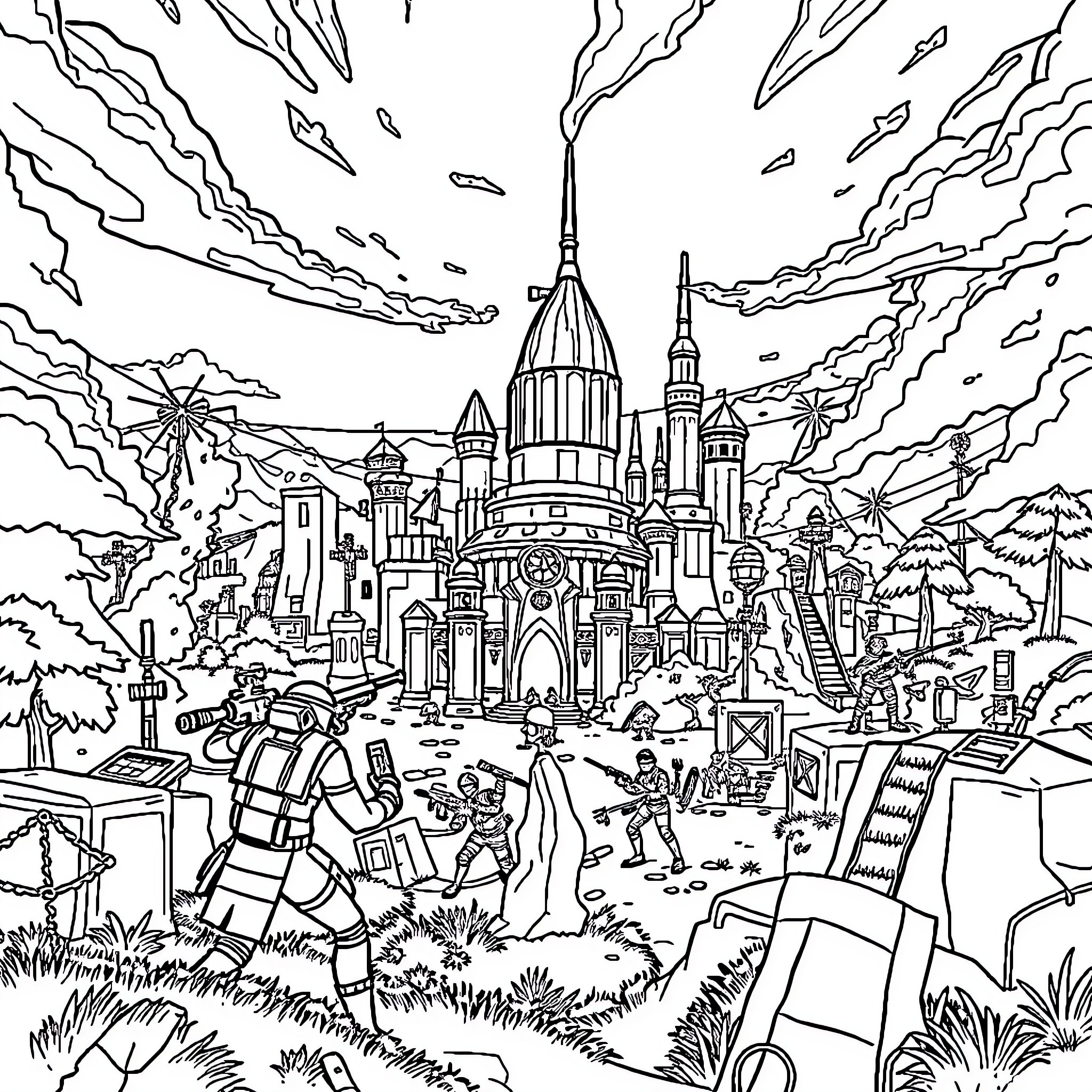 Fortnite Battle Royale in a Fantastical Cityscape Coloring Page (free black-and-white line drawing printable PDF for all, from beginners to advanced learners, including children, teens, adults, and seniors)