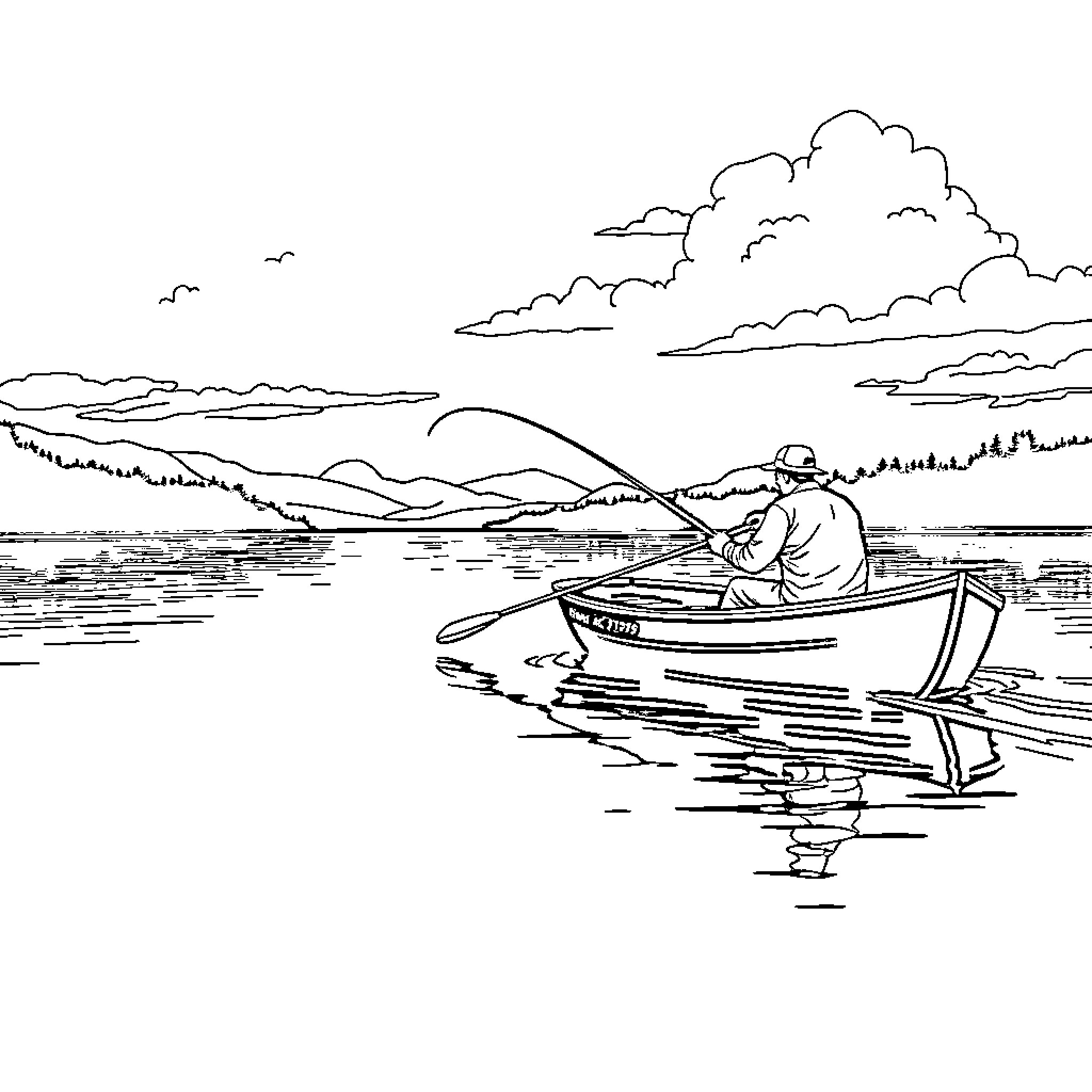 Man fishing alone in a boat on a scenic lake Coloring Page (free black-and-white line drawing printable PDF for all, from beginners to advanced learners, including children, teens, adults, and seniors)