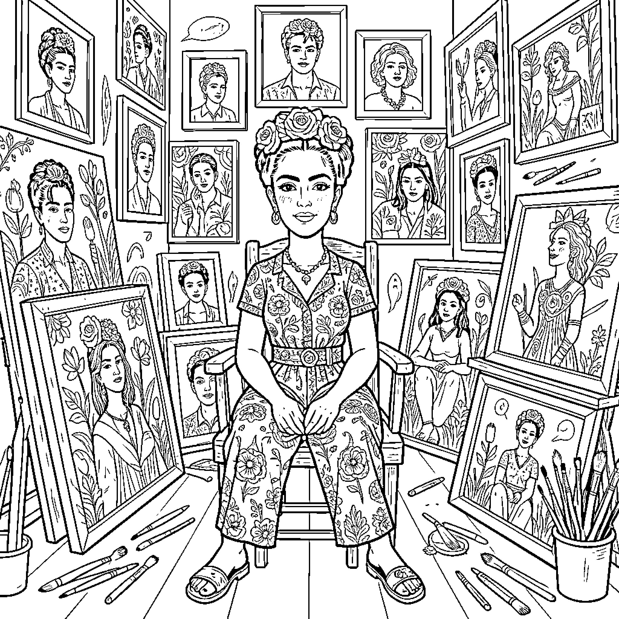 Frida Kahlo sitting surrounded by her many self-portraits Coloring Page (free black-and-white line drawing printable PDF for all, from beginners to advanced learners, including children, teens, adults, and seniors)