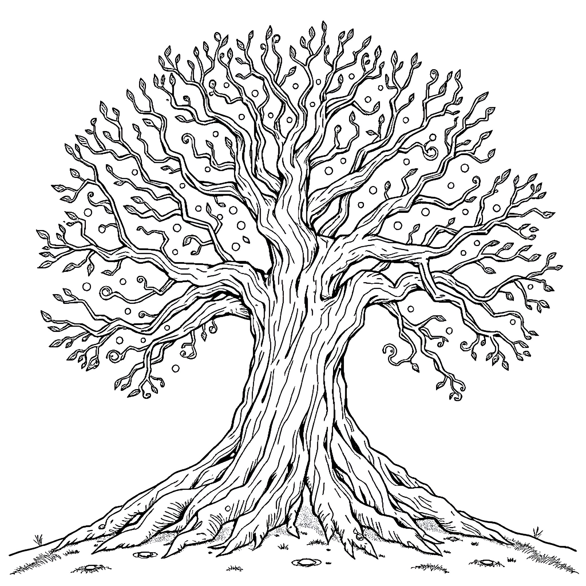 Yggdrasil - Intricate Tree of Life Illustration Coloring Page (free black-and-white line drawing printable PDF for all, from beginners to advanced learners, including children, teens, adults, and seniors)
