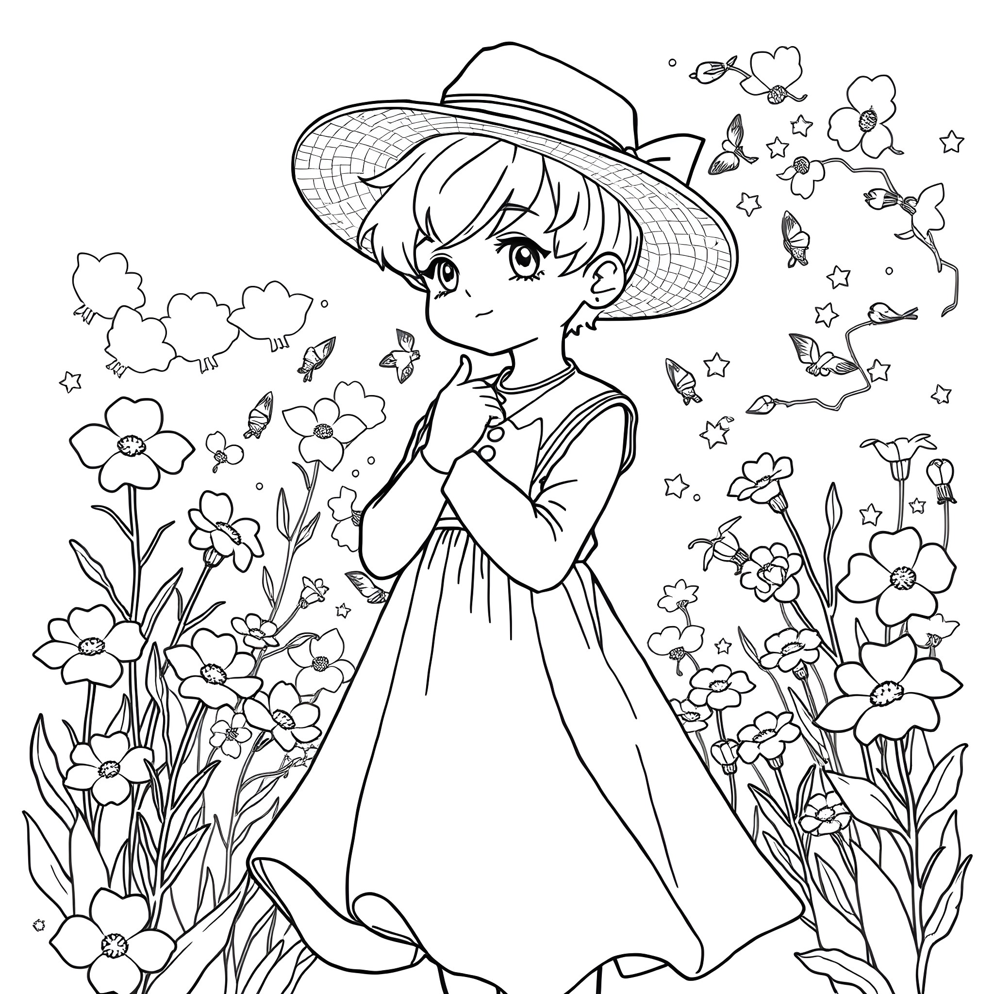 Boy Admiring Flowers in the Garden Coloring Page (free black-and-white line drawing printable PDF for all, from beginners to advanced learners, including children, teens, adults, and seniors)