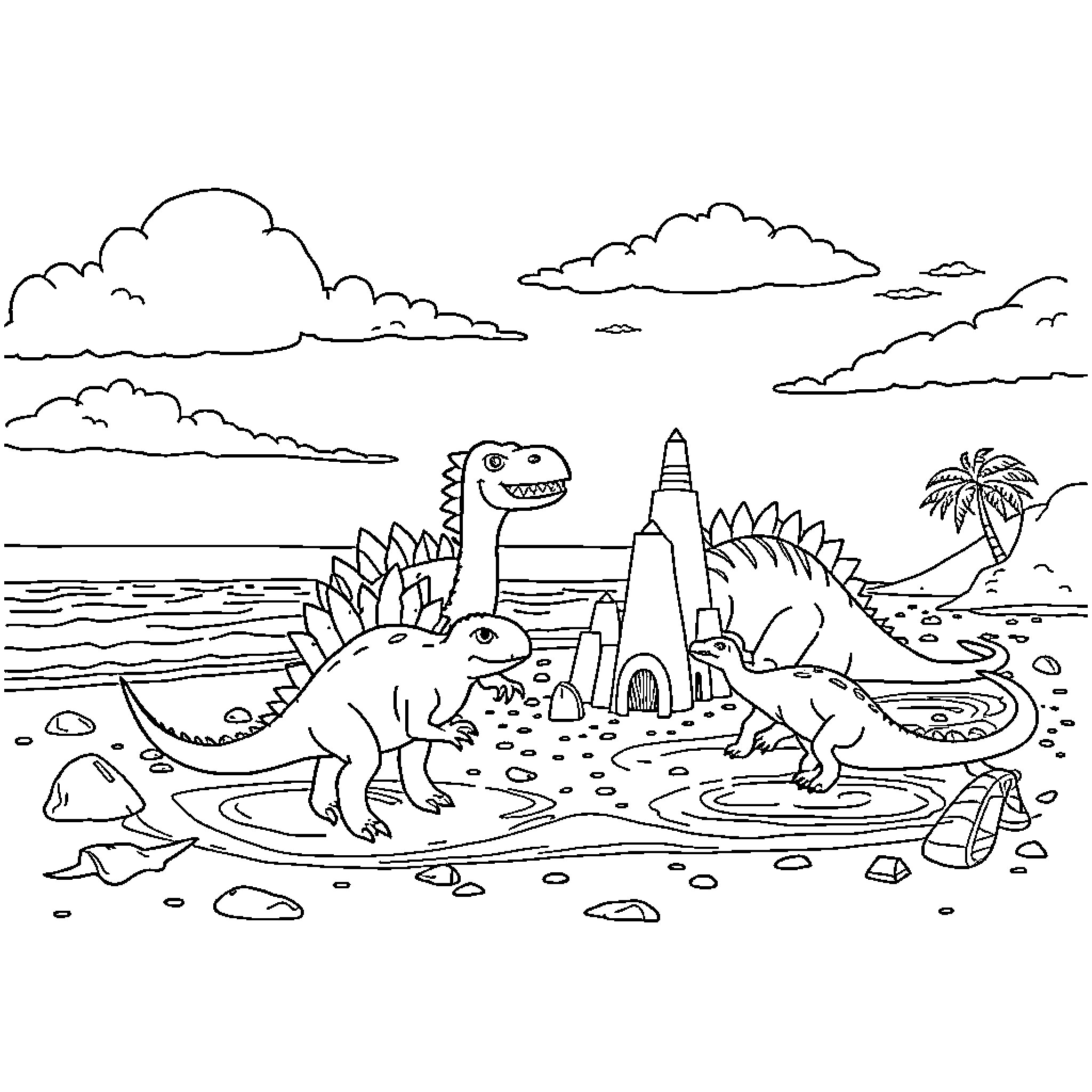 Dinosaurs playing in prehistoric landscape Coloring Page (free black-and-white line drawing printable PDF for all, from beginners to advanced learners, including children, teens, adults, and seniors)