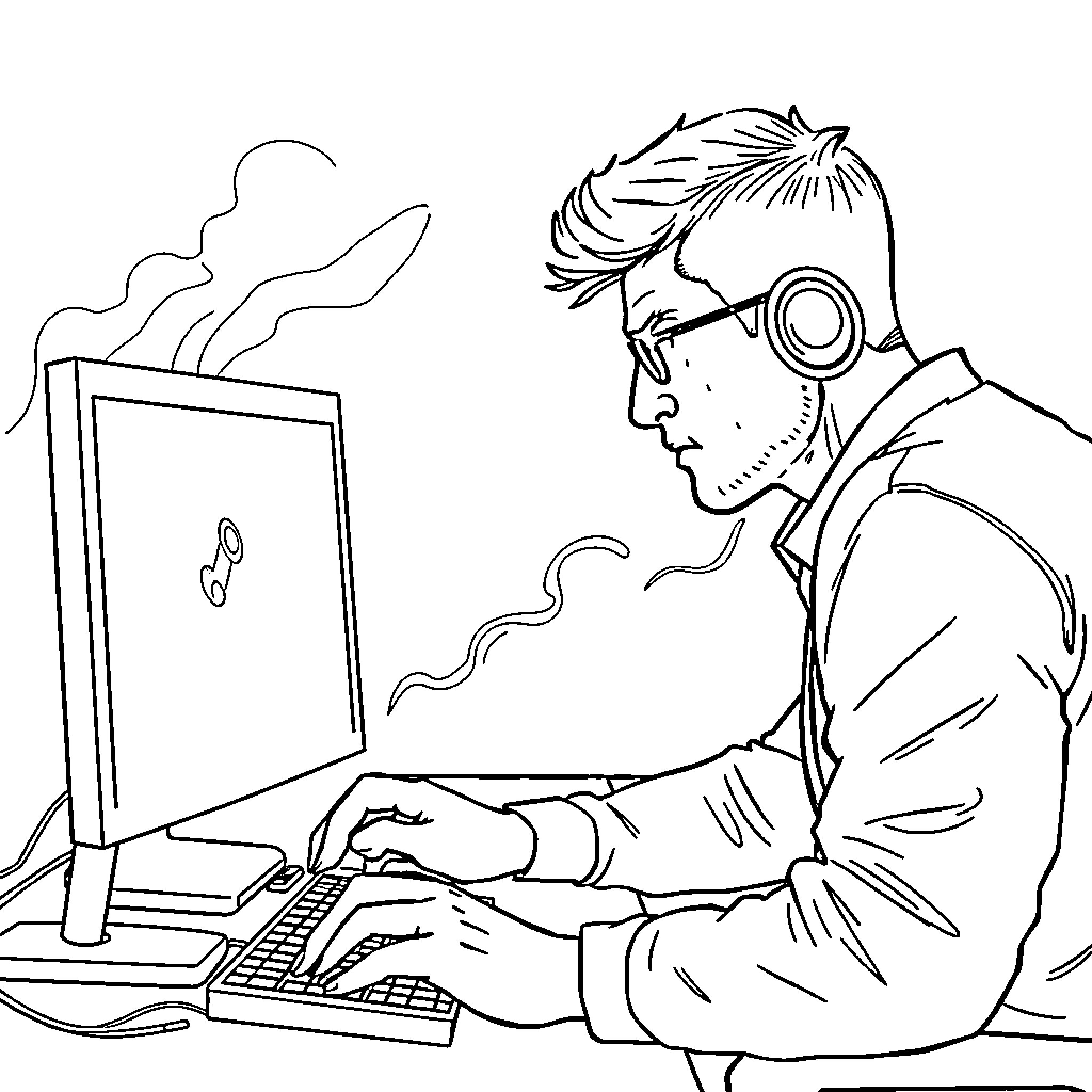 Man working diligently on computer in office Coloring Page (free black-and-white line drawing printable PDF for all, from beginners to advanced learners, including children, teens, adults, and seniors)