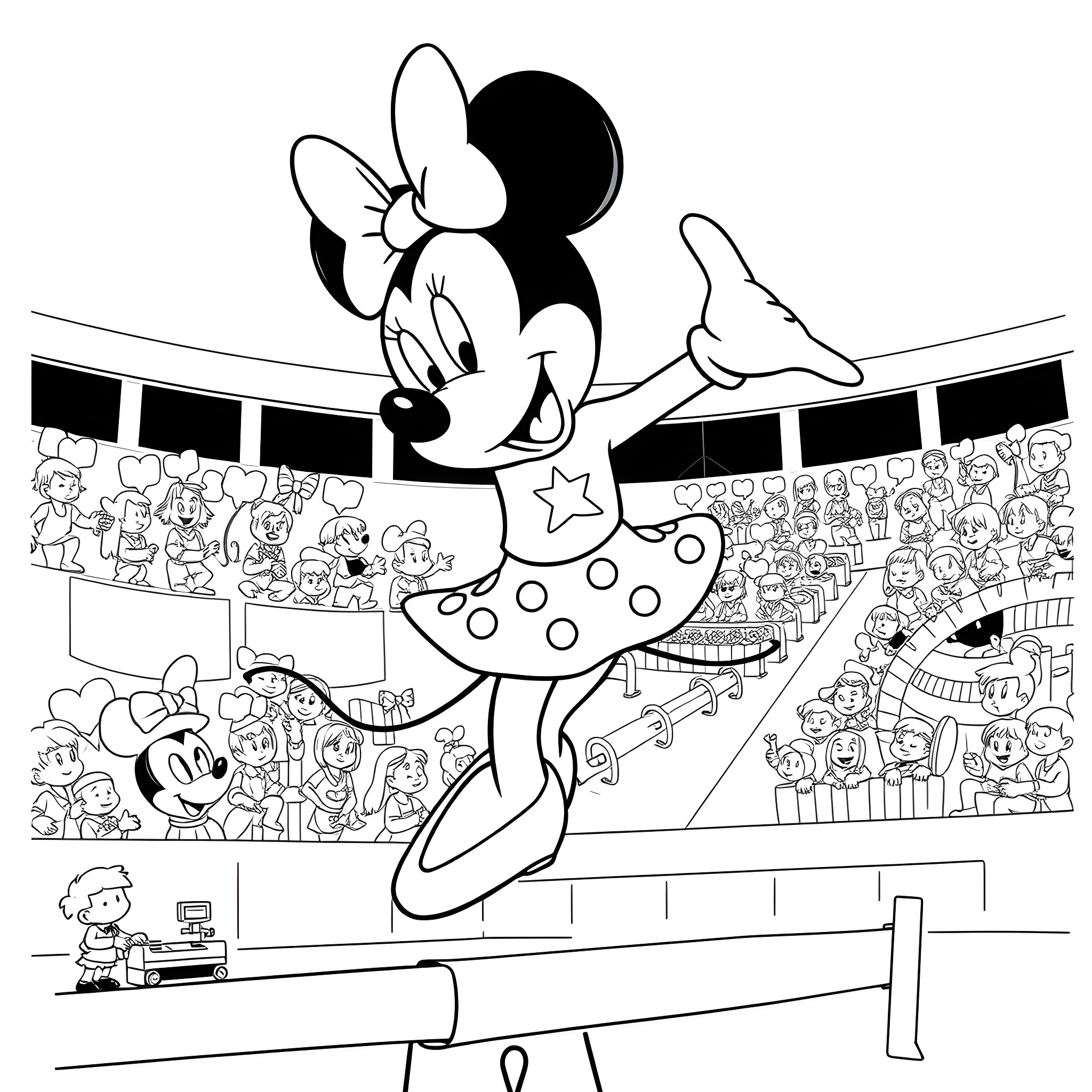 Minnie Mouse dancing on stage in front of a crowd Coloring Page (free black-and-white line drawing printable PDF for all, from beginners to advanced learners, including children, teens, adults, and seniors)