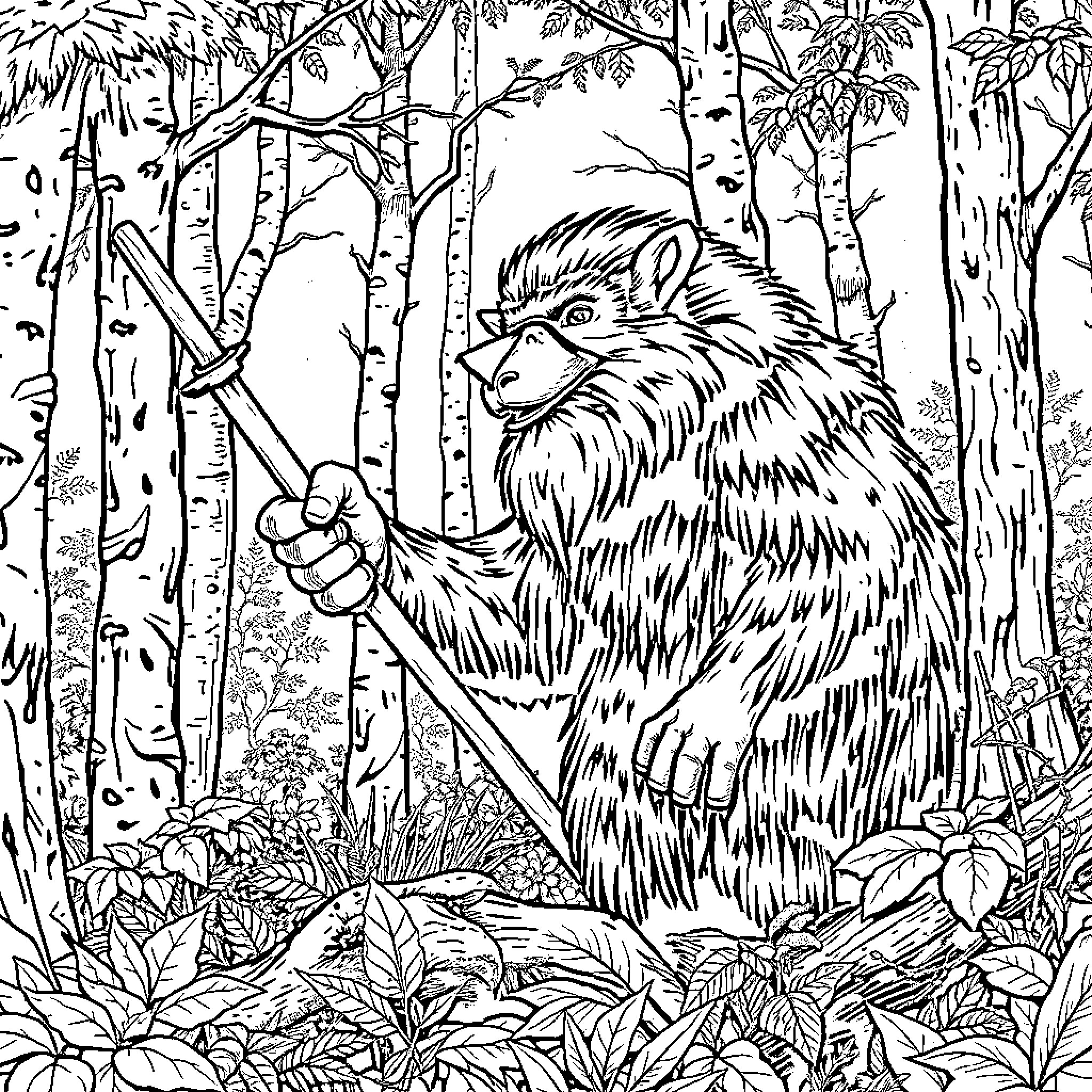 Wild Boar exploring the lush forest Coloring Page (free black-and-white line drawing printable PDF for all, from beginners to advanced learners, including children, teens, adults, and seniors)
