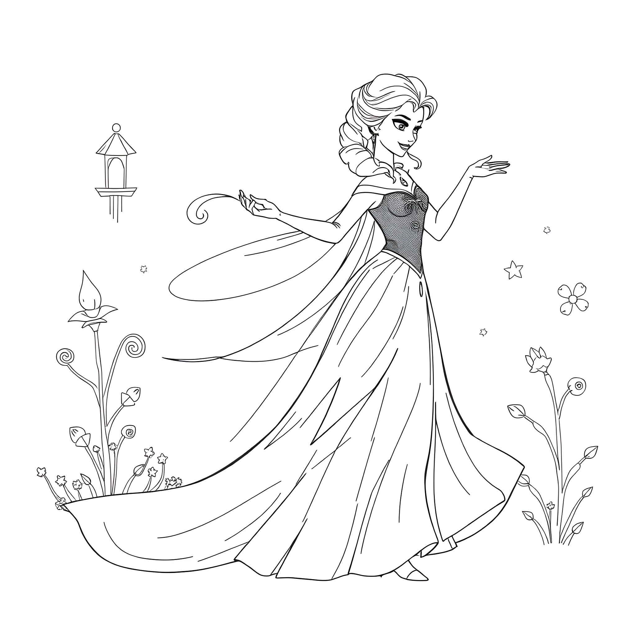 Elsa's Elegant Enchantment: A Fairytale Moment Coloring Page (free black-and-white line drawing printable PDF for all, from beginners to advanced learners, including children, teens, adults, and seniors)