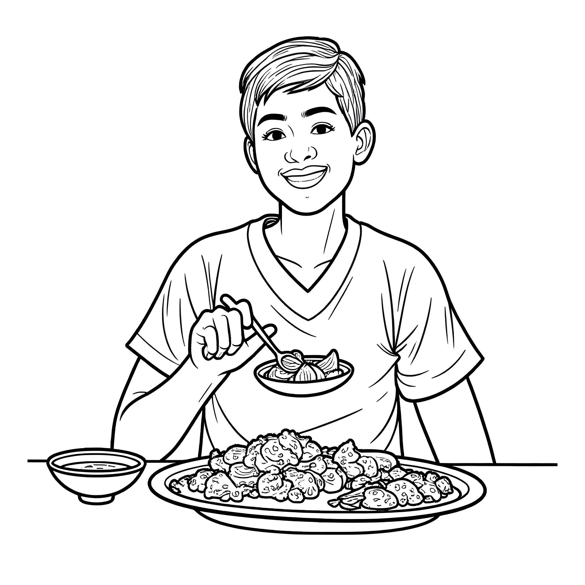 Ethiopian Food Enjoyed with Enthusiasm Coloring Page (free black-and-white line drawing printable PDF for all, from beginners to advanced learners, including children, teens, adults, and seniors)