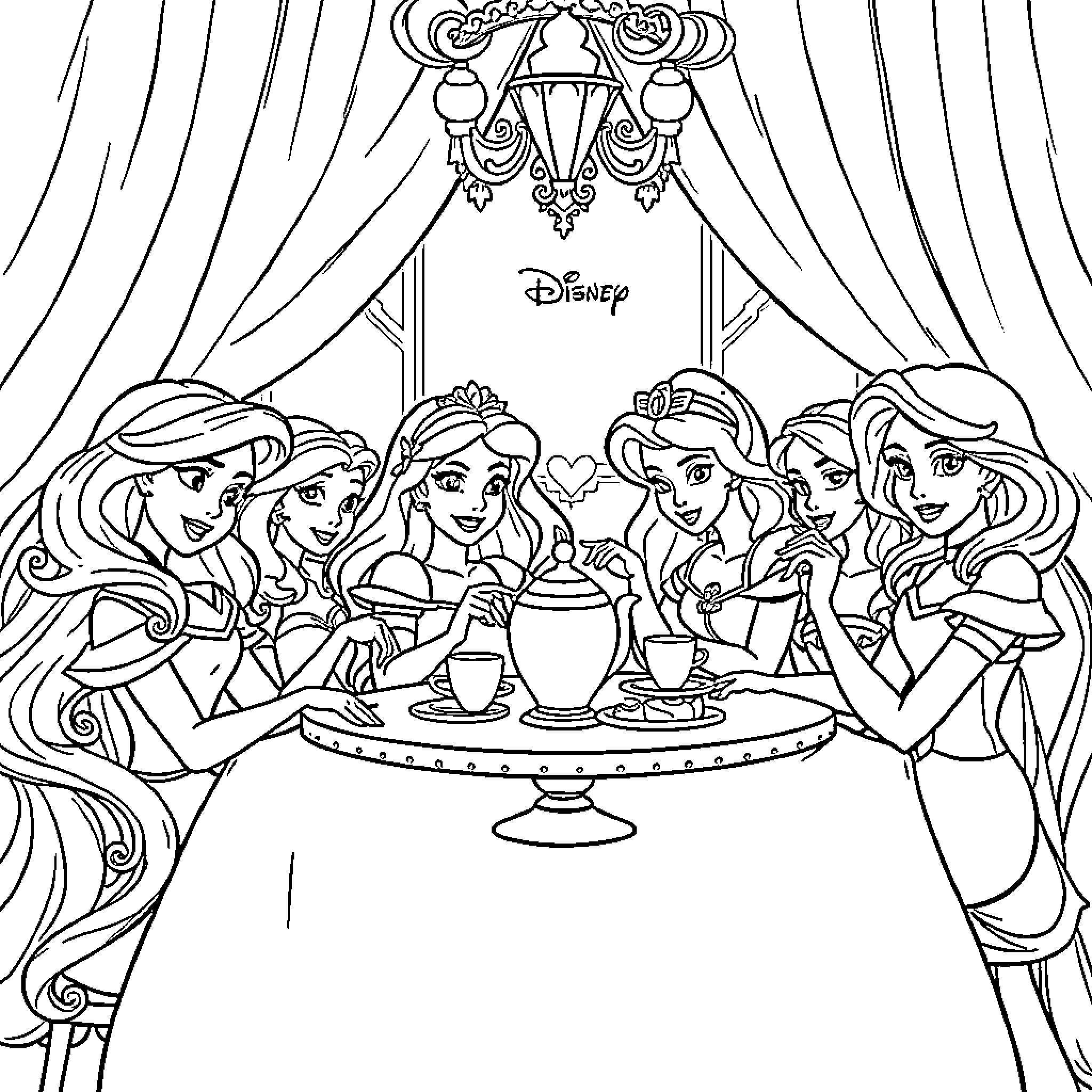 Disney Princesses Enjoying a Elegant Tea Party Coloring Page (free black-and-white line drawing printable PDF for all, from beginners to advanced learners, including children, teens, adults, and seniors)