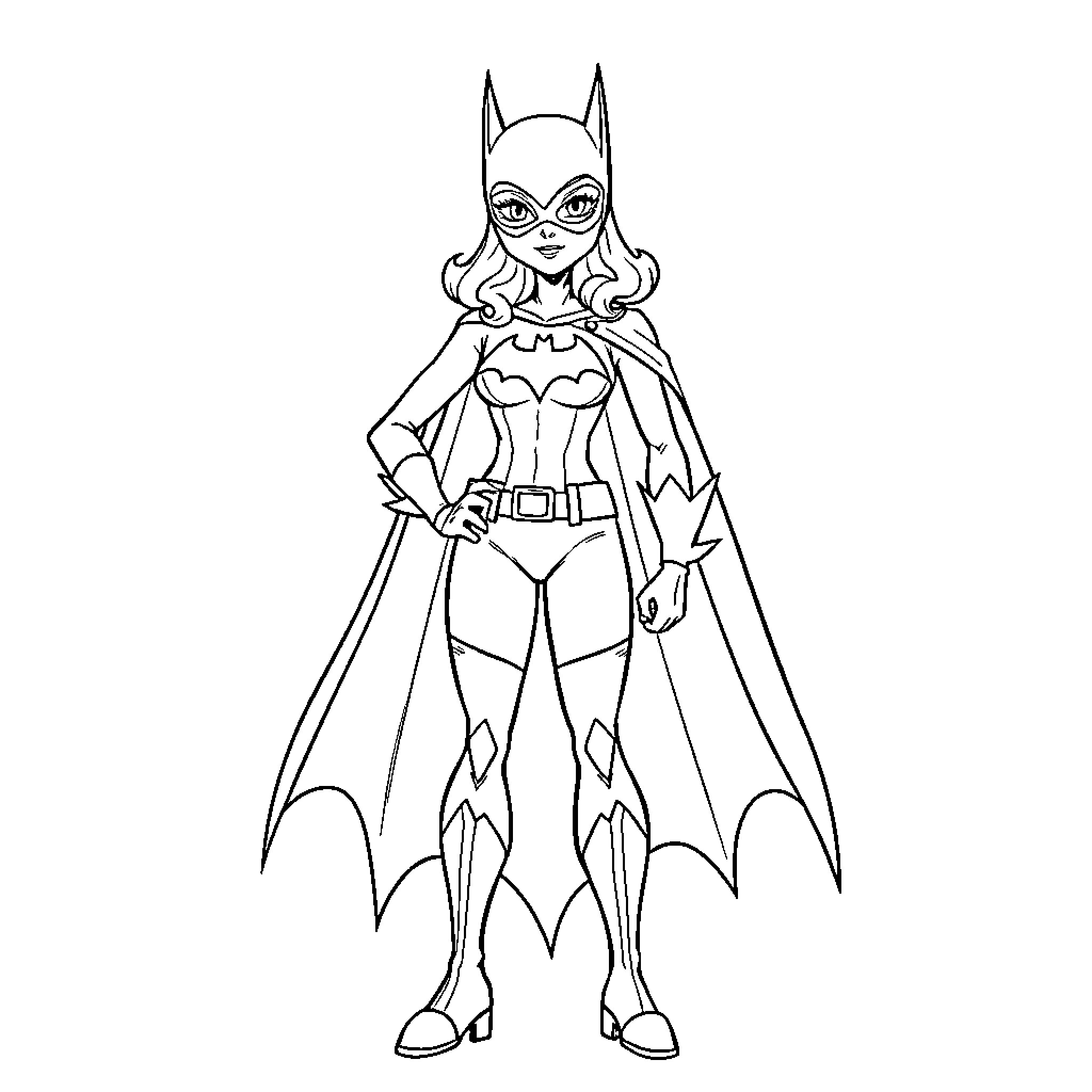 Batgirl in heroic pose with cape and mask Coloring Page (free black-and-white line drawing printable PDF for all, from beginners to advanced learners, including children, teens, adults, and seniors)