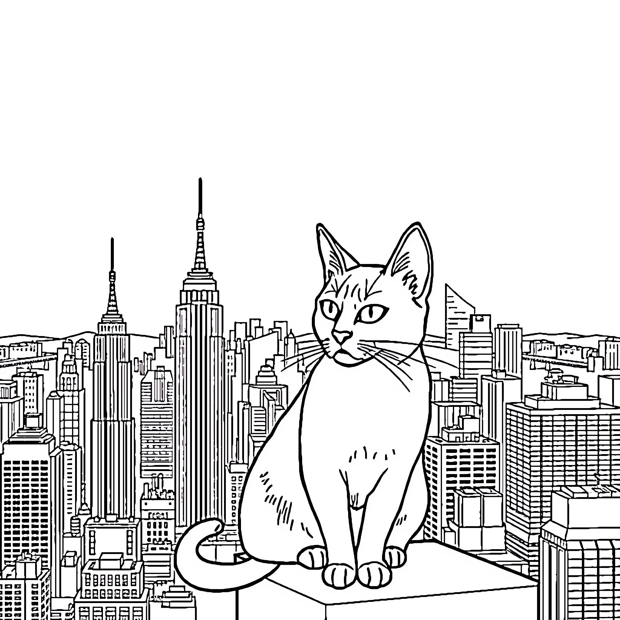 Siamese Cat Overlooking the City Skyline Coloring Page (free black-and-white line drawing printable PDF for all, from beginners to advanced learners, including children, teens, adults, and seniors)