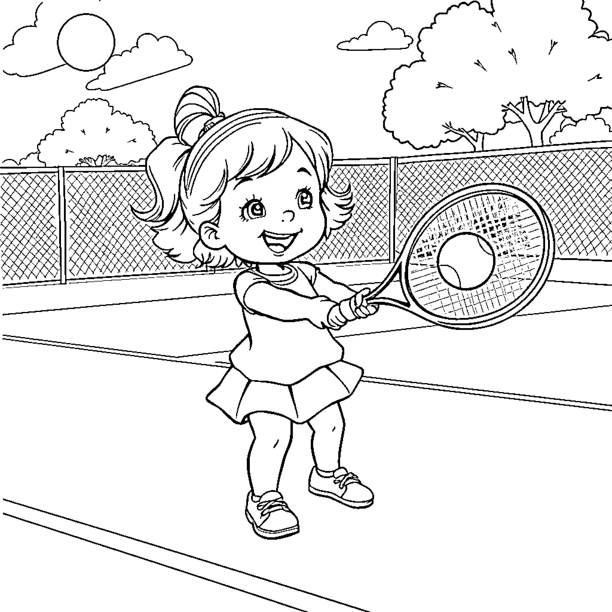 Baby Girl Playing Tennis on the Court Coloring Page (free black-and-white line drawing printable PDF for all, from beginners to advanced learners, including children, teens, adults, and seniors)