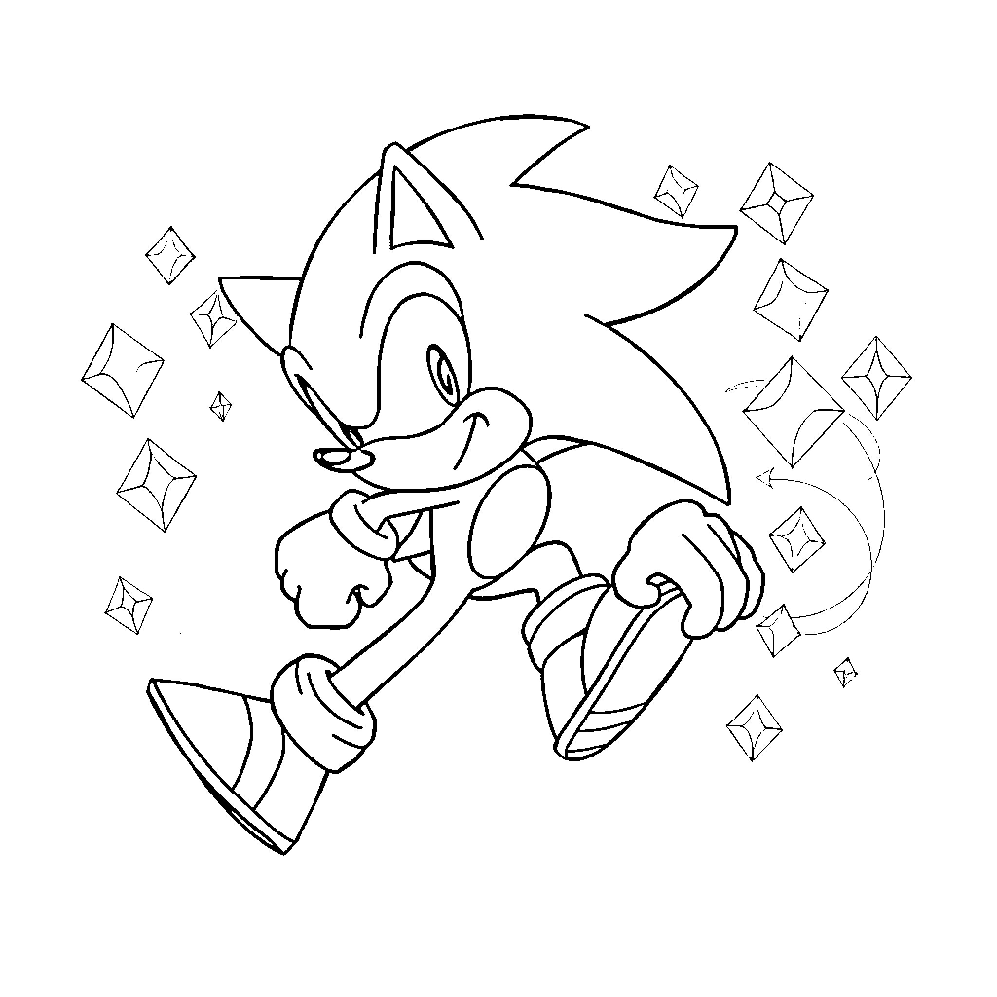 Sonic dashing through a sparkling scene Coloring Page (free black-and-white line drawing printable PDF for all, from beginners to advanced learners, including children, teens, adults, and seniors)
