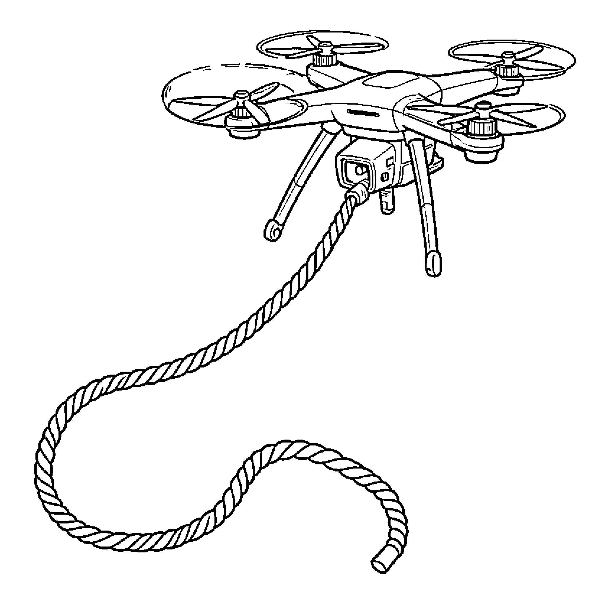 Drone carrying rope for rescue operation Coloring Page (free black-and-white line drawing printable PDF for all, from beginners to advanced learners, including children, teens, adults, and seniors)